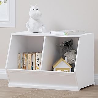 UTEX Stackable Toy Storage Cabinet, Wooden Cubby Organizer, White Shelf for Playroom, Bedroom, Living Room, Nursery, 2 Cubes