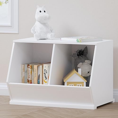 UTEX Stackable Toy Storage Cabinet, Wooden Cubby Organizer, White Shelf