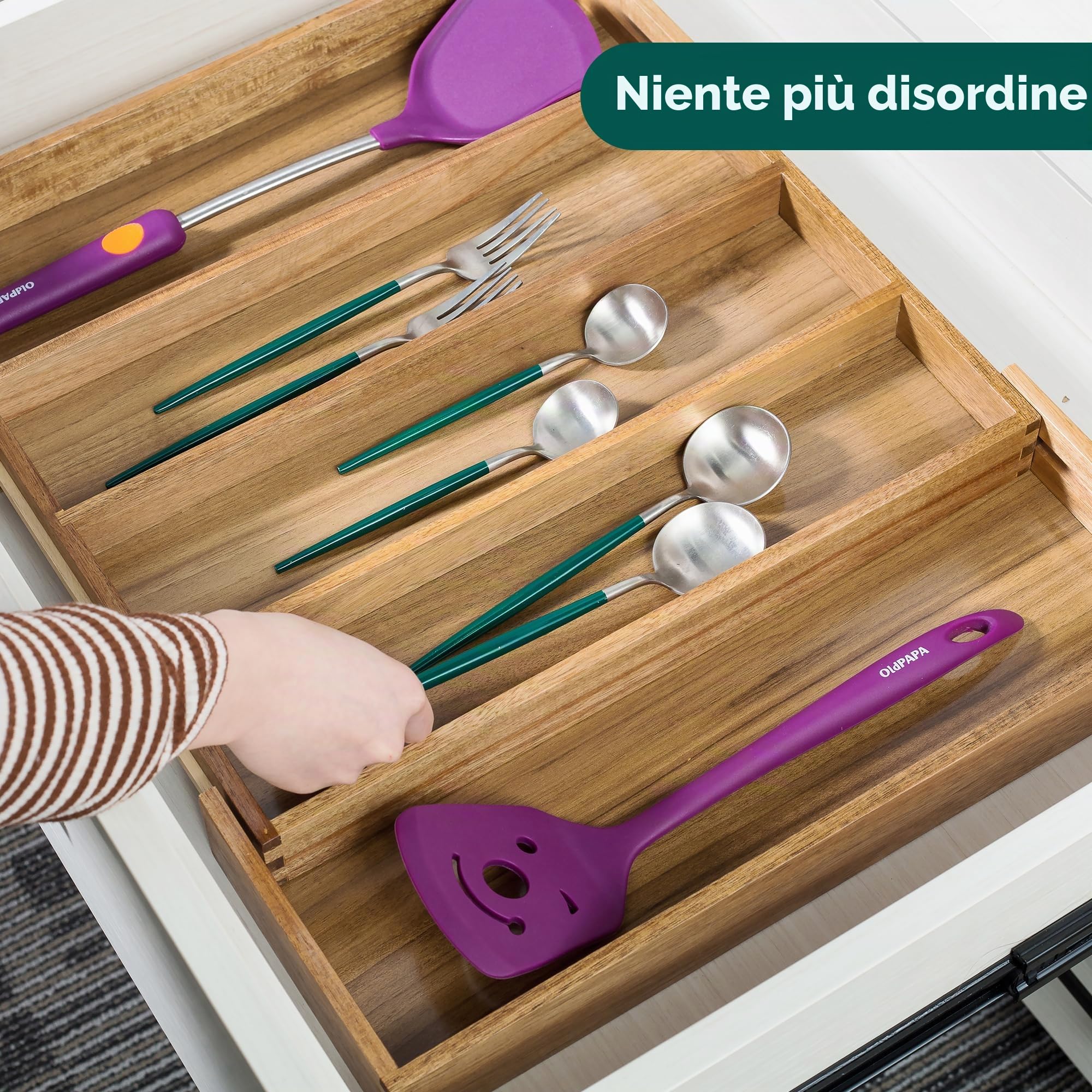 Utoplike Organizer per cassetti da cucina in acacia, espandibile