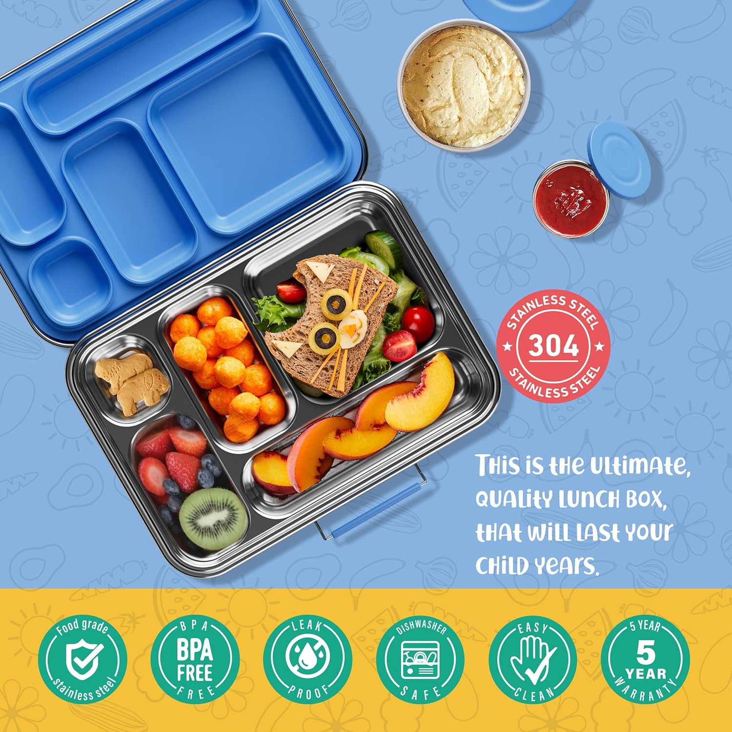 Stainless Steel Bento Box Kids, Kids Metal Bento Lunch Box BPA Free Lunch Box Containers 304 Stainless Steel Bento Box for School and Office(Bule) - Image 3