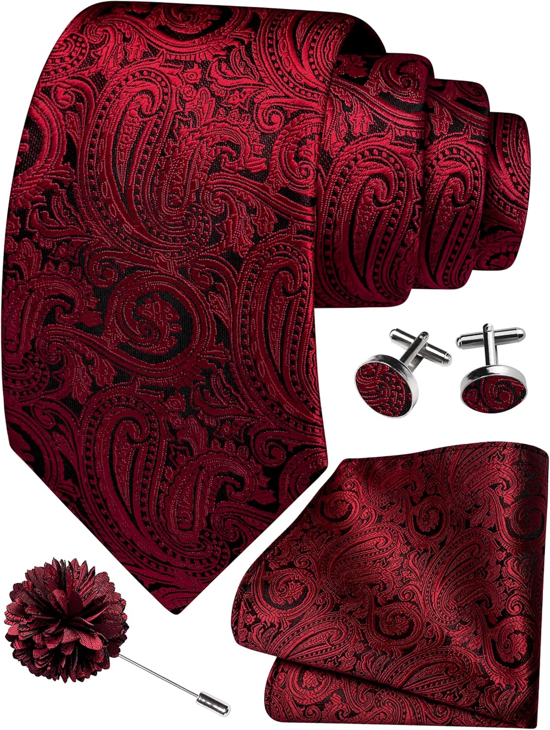 GUSLESON 3.15"（8cm） Mens Tie and Lapel Pin Paisley Necktie Hankerchief Cufflinks Set for Men
