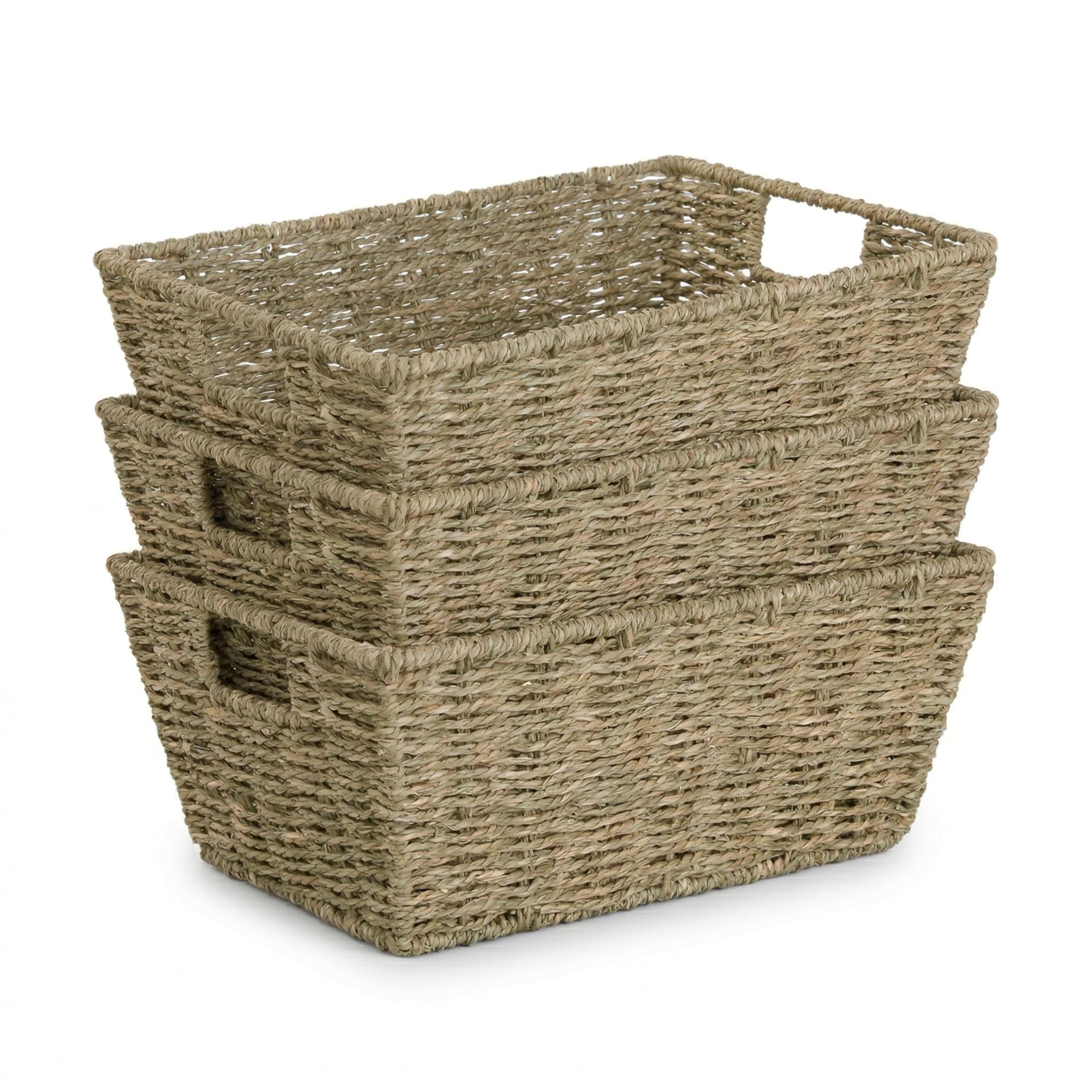Wickerfield Seagrass Storage Baskets for Shelves Kitchen Bedroom, Woven Hamper Basket with Handle, Bathroom Storage Baskets for Toiletries, Nesting Handwoven Basket for Storage Hampers (3, Seagrass)