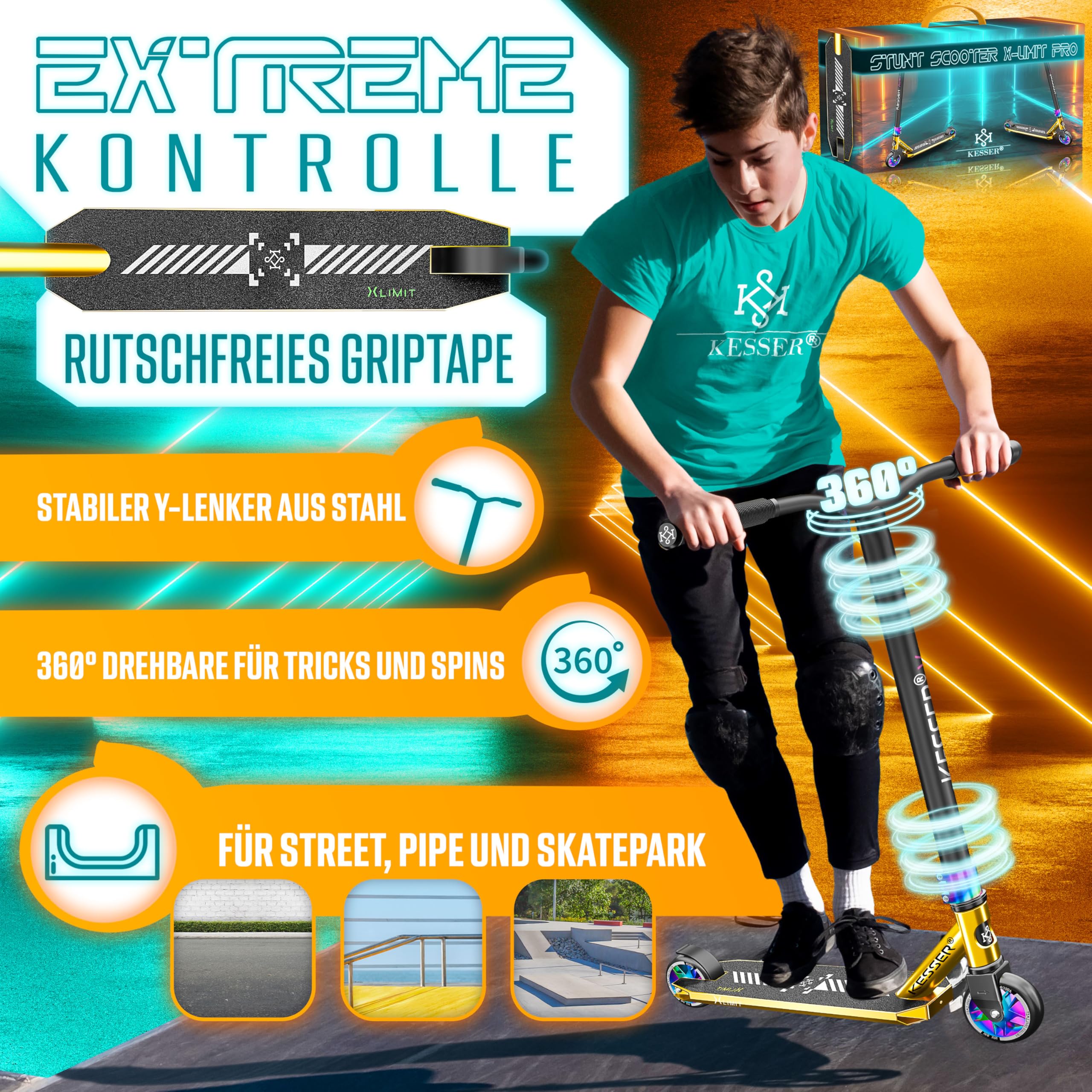 KESSER® Patinete acrobático X-Limit-Pro, Funscooter con dirección de 360Ḟ, Patinete acrobático con Soporte, rodamientos de Bolas ABEC 9, Ruedas de PU de 110 mm, Patinete Scooter,