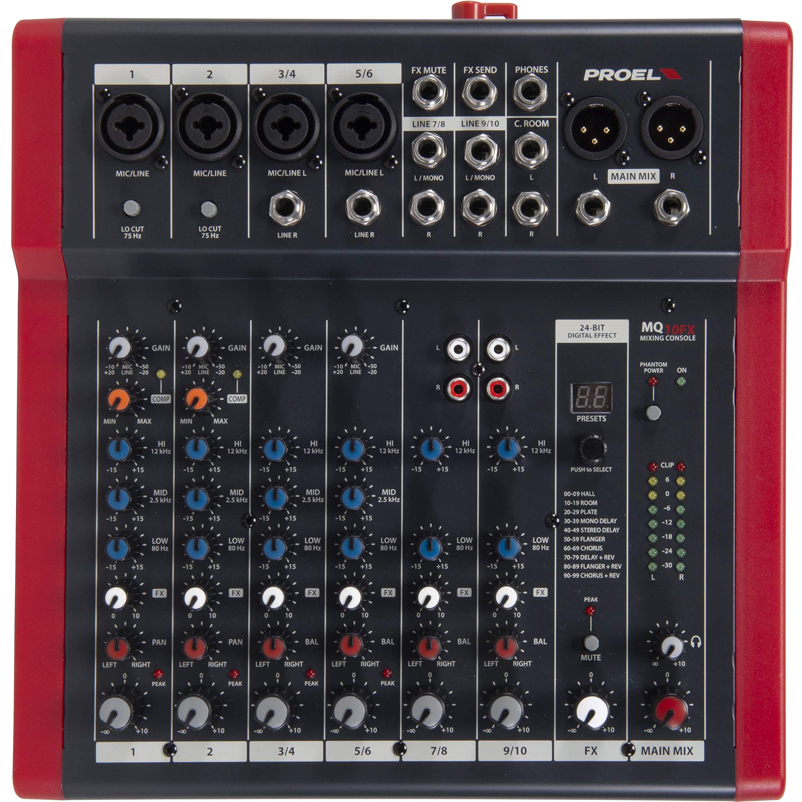 Proel MQ10FX - Mixer ultra compatto con 10 ingressi e 2 bus di uscita + FX effetti di qualità per Canto, Live e Karaoke, colore: Nero/Rosso (MQ10FX)