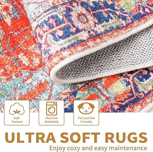 Miniatura 5 de ErwAad Alfombra de pasillo de 2 x 6 pies, color rojo y azul, diseño desgastado de medallón bohemio, no desprende pelo y es suave, lavable, ideal
