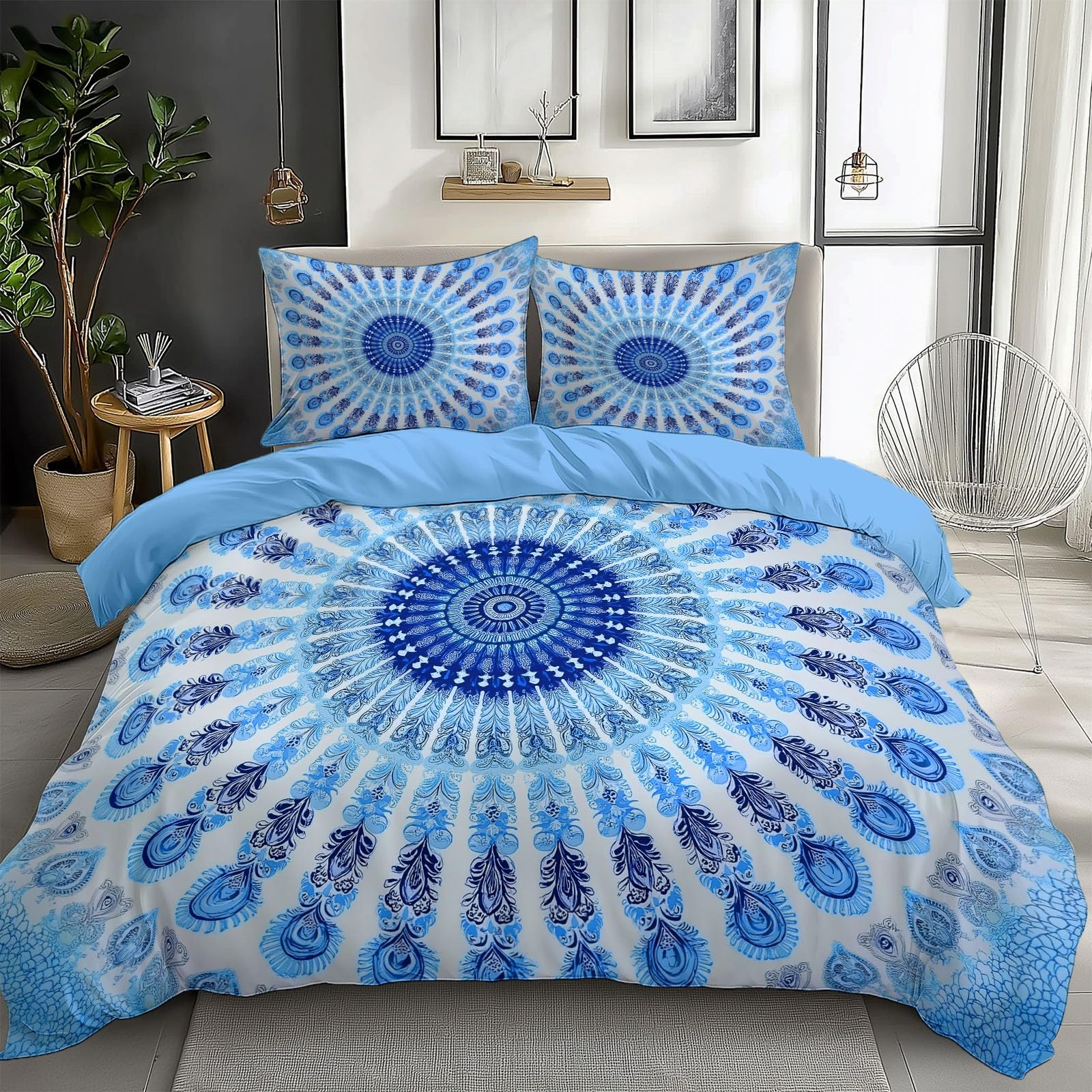 Parure de lit mandala bleu crée un cocon de nature dans la chambre ado 140x200