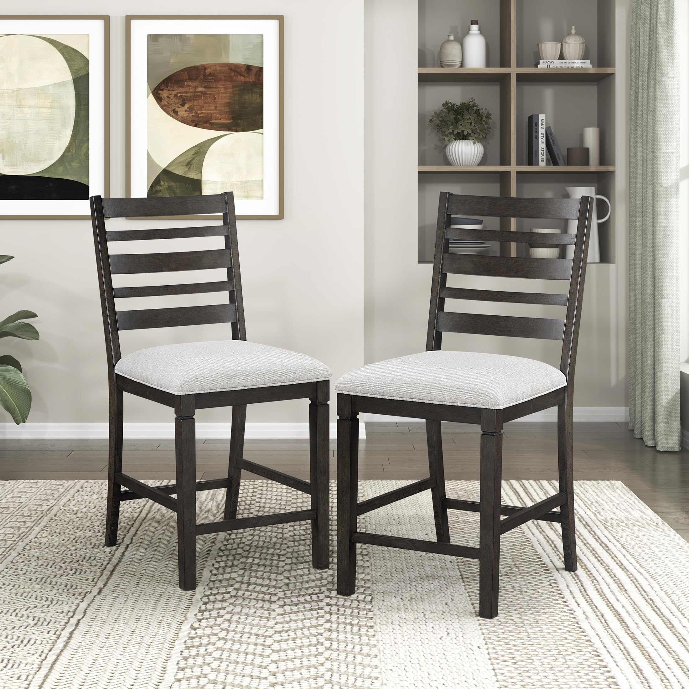 Lexicon Counter Height Chairs, Set of 2, Wood Frame, Ladder Back, Beige Textured Fabric Upholstered Dining Chairs with 25.5 Inches Seat Height, Bar