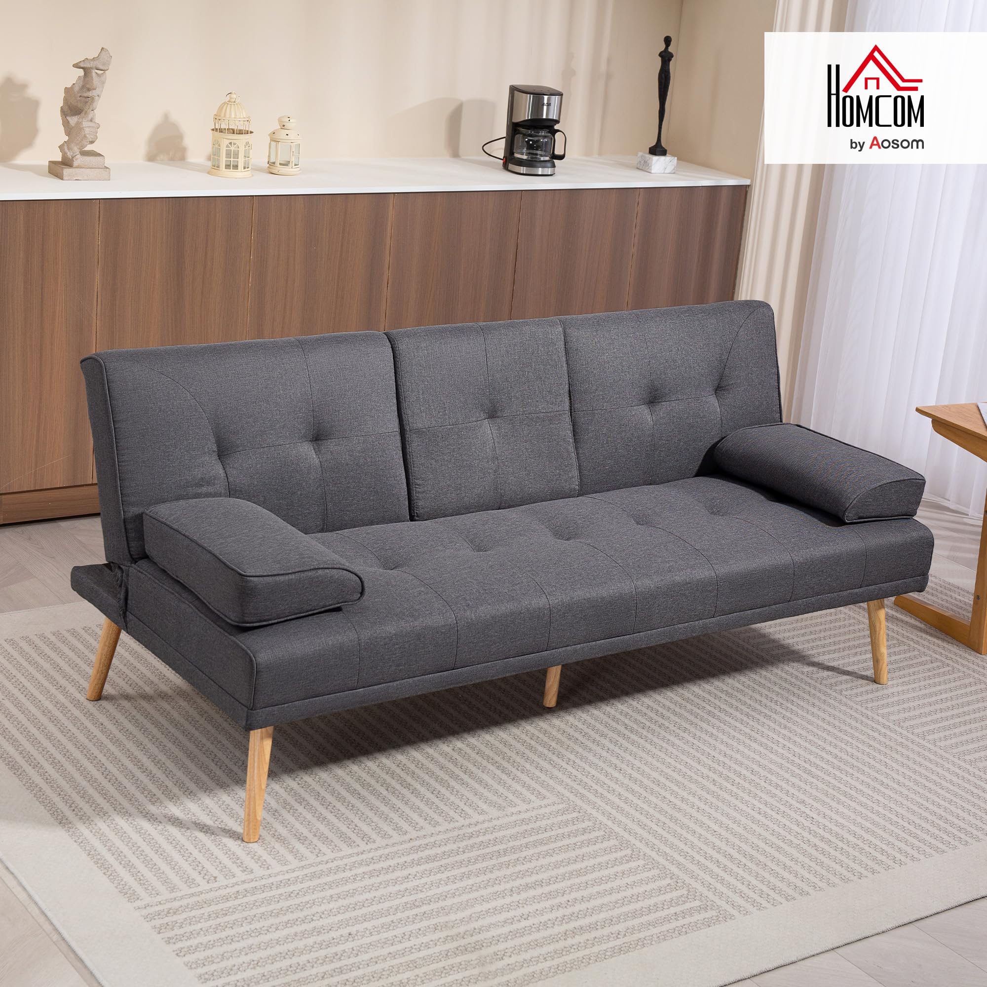HOMCOM Divano Letto 3 Posti Reclinabile con 2 Braccioli Staccabili, Divano 3 Posti Imbottito Trasformabile in Tessuto e Legno con Portabicchiere per Soggiorno e Salotto, 181x77x78 cm, Grigio Scuro