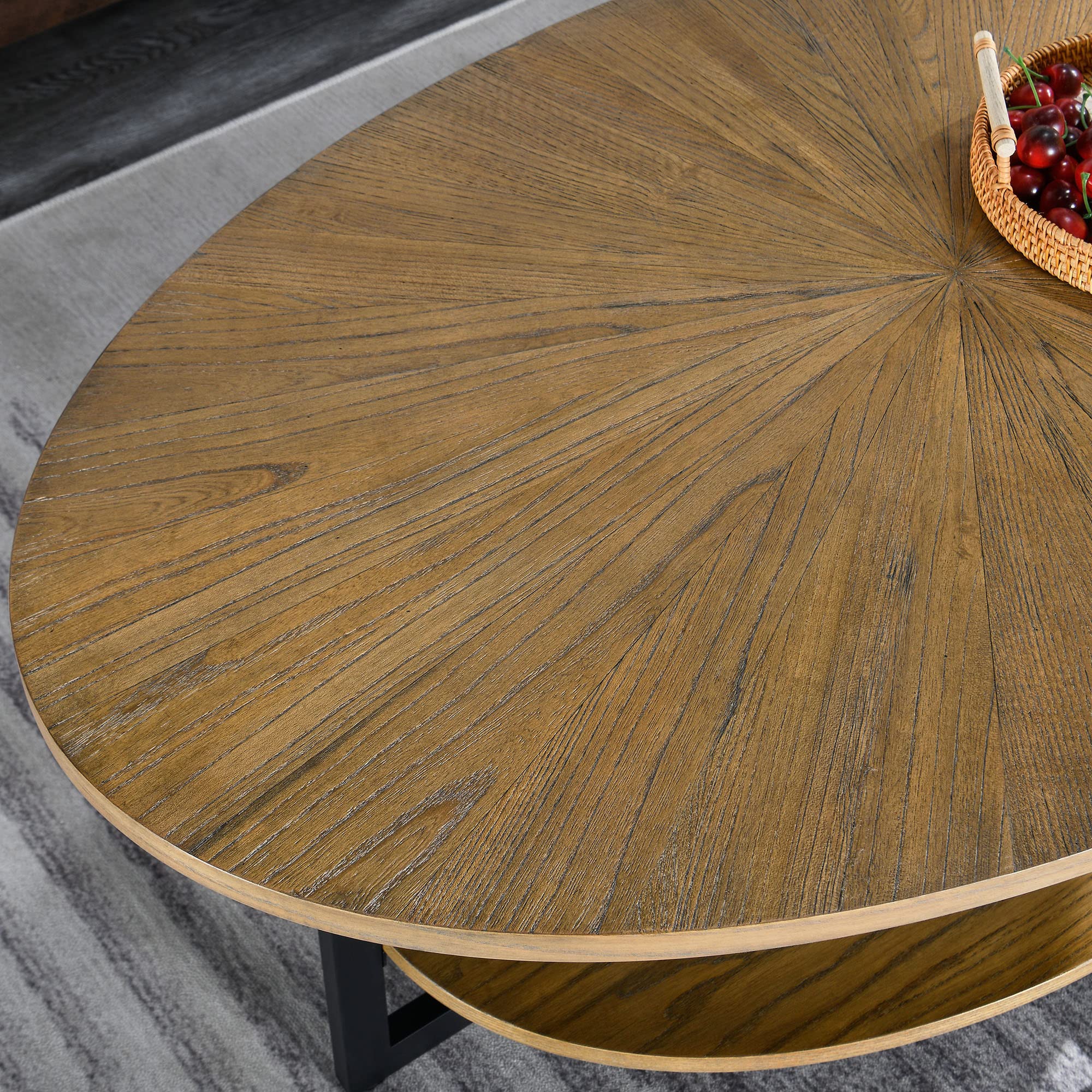 Massivholz Couchtisch rund für 2 Etagen, Ovaler Couchtisch im Modern-vintage Stil, Massivholzplatte & Kreuzförmige Eisenbeine, Kaffeetisch, Wohnzimmertisch, 110 x 66 x 45.5 cm, einfache Montage