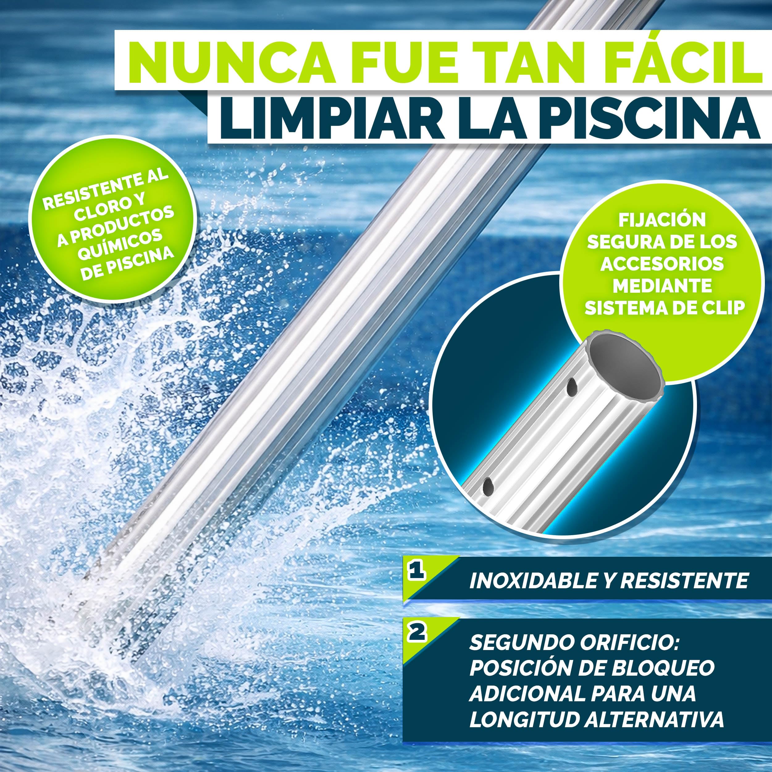 tillvex Barra telescópica para Piscina 1,20-3,60 m, Barra de Piscina de Aluminio, Barra para Limpieza de Piscinas, 3 Piezas