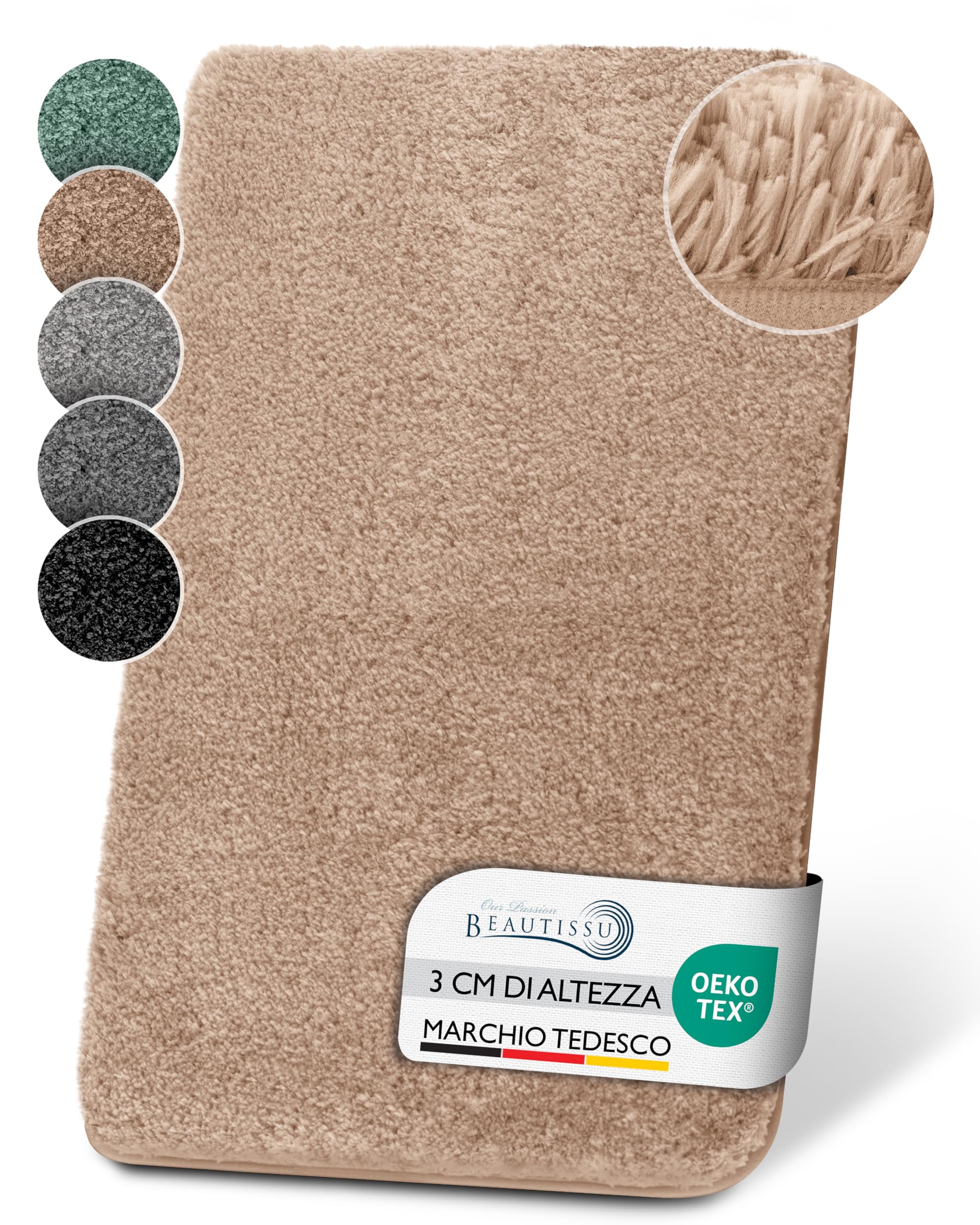 Beautissu Tappetino da bagno antiscivolo in pelo alto per doccia vasca e WC | 120x70cm beige morbido in microfibra anche per pavimenti riscaldati ottica shaggy Tappeto lavabile scendidoccia BeauMare FL