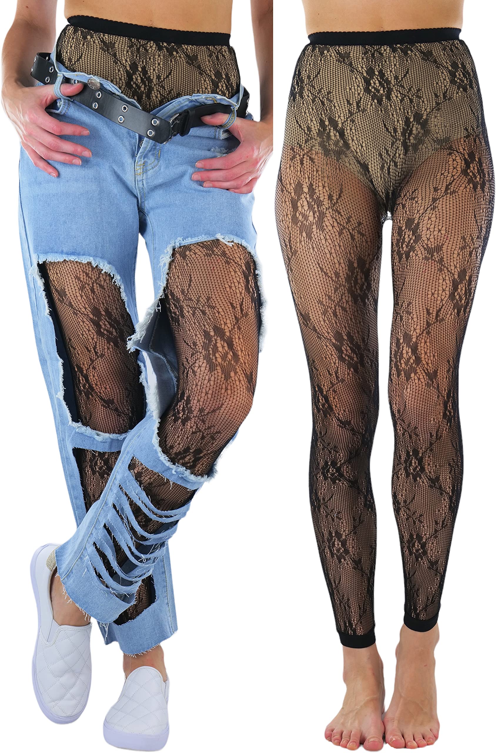 ToBeInStyle Women's Single Floral Lace Fishnet Tights Footless &amp; Stirrup Design