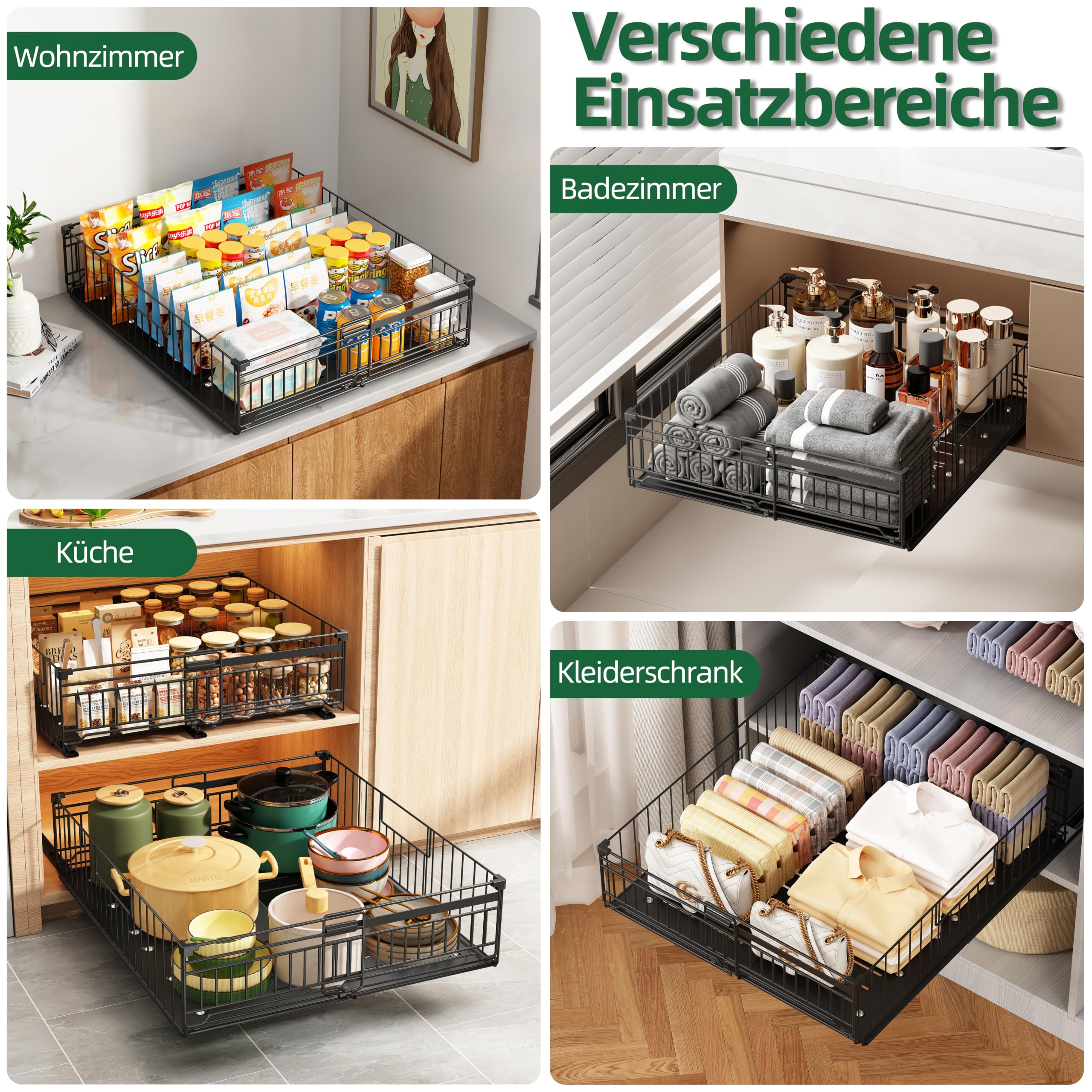 NETEL 2 Stück teleskopschublade ausziehbare schublade küche,schrank organizer,ausziehbare schrankkörbe,Schwarz,33-51W x 42D x 18H CM