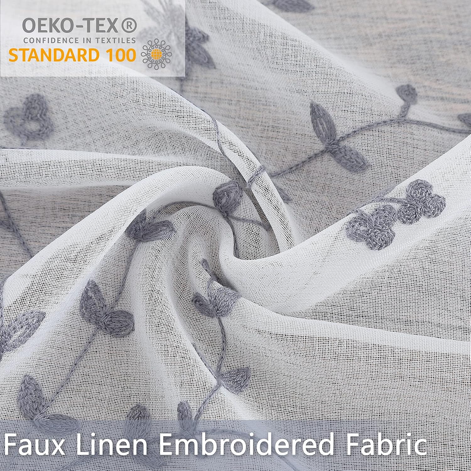 CAROMIO Sheer Curtains 54 Inch Length Grey, Leaf Embroidered Grommet Voile Drapes for Living Room, Bedroom, Window Treatments Semi Curtain Panels(Grey, 52" W x 54" L, 2 Panels)
