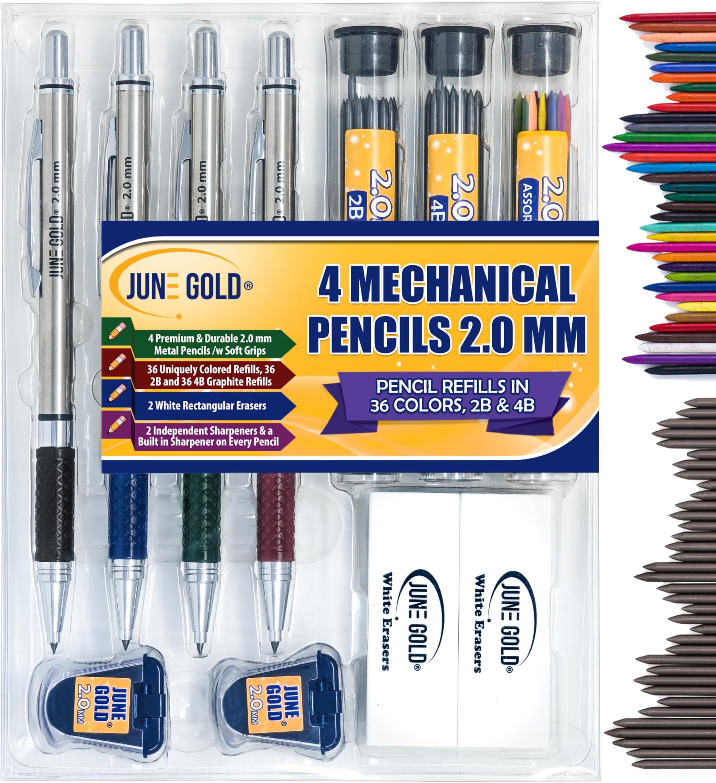 4 Premium 2.0 mm Mechanical Pencils + Colored Refills, 36 2B Refills & 2 Erasers
