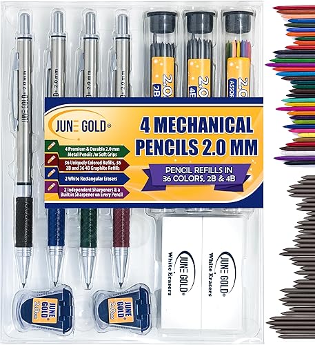 June Gold 4 portaminas Pro de 0.098 pulgadas, 36 recambios de colores, 2B y 4B, 2 sacapuntas, 2 borradores resistentes a las manchas, sacapuntas