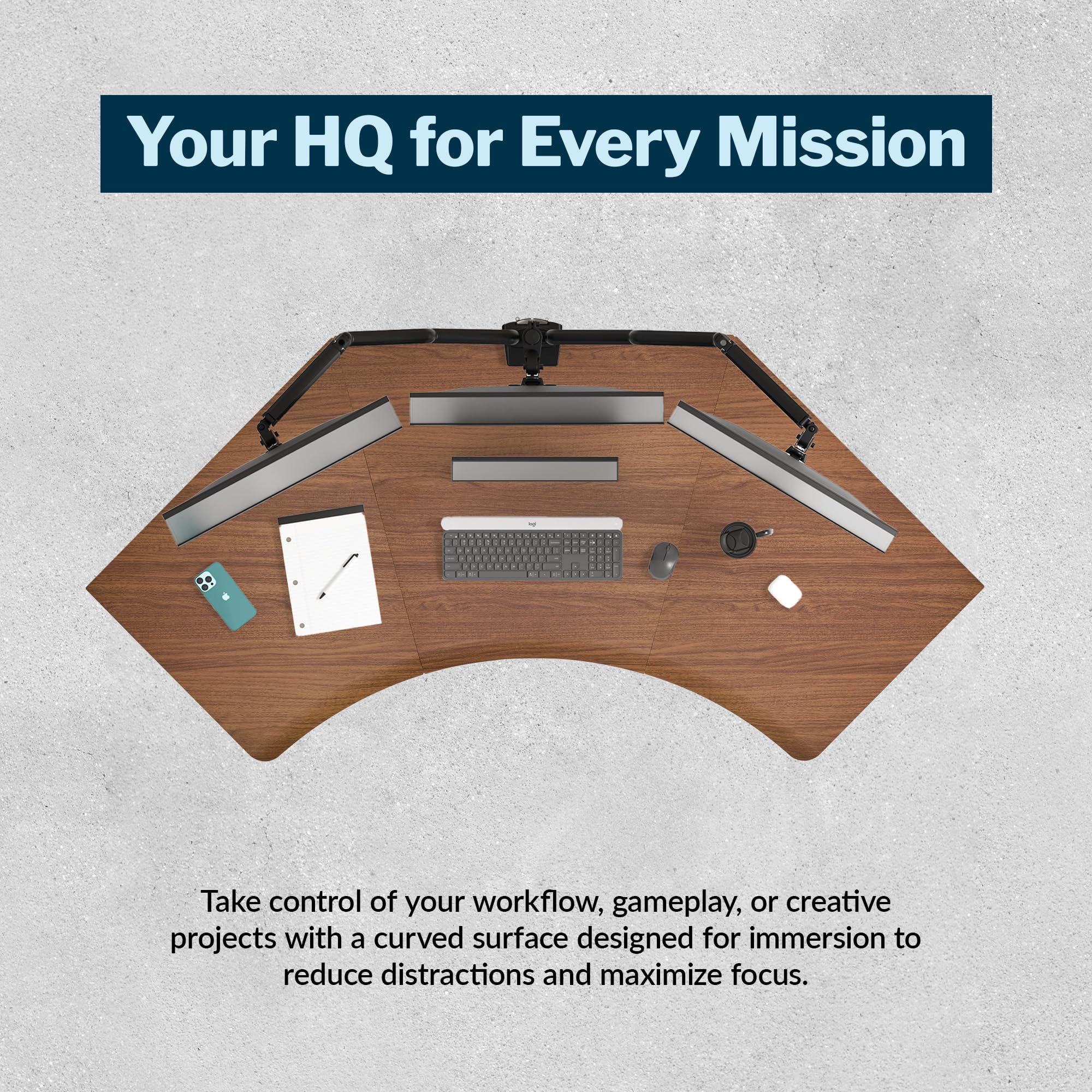 Vari Command Center Electric Standing Desk 120 Curved Sit-Stand Gaming Desk Corner Workstation for Triple Monitors Sloped Front — view 4