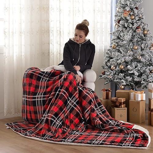 Vista 41 de SOCHOW Manta de forro polar Sherpa a cuadros de doble cara, súper suave y lujosa manta de cama de 50 x 60 pulgadas, rojo/gris