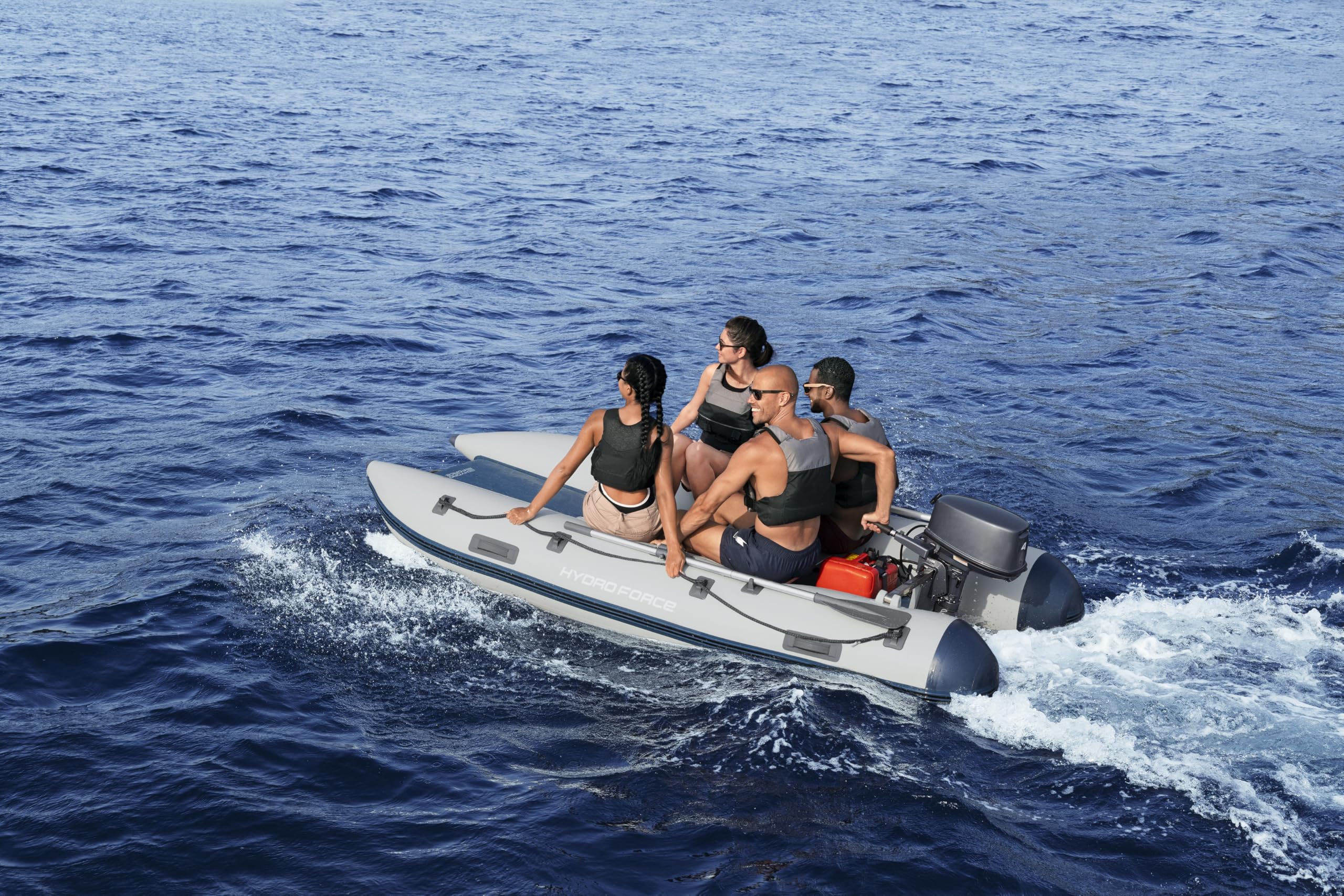 Bestway Hydro Force Sportboot Komplett-Set Beacon Elite, 335 x 160 x 47 cm, 5 Personen, bis 640 kg, TriTech-Material, Aluminium-Sitzbank, 15-PS-Motorhalterung, GS-Zertifiziert, Ruder, Pumpe, Tasche