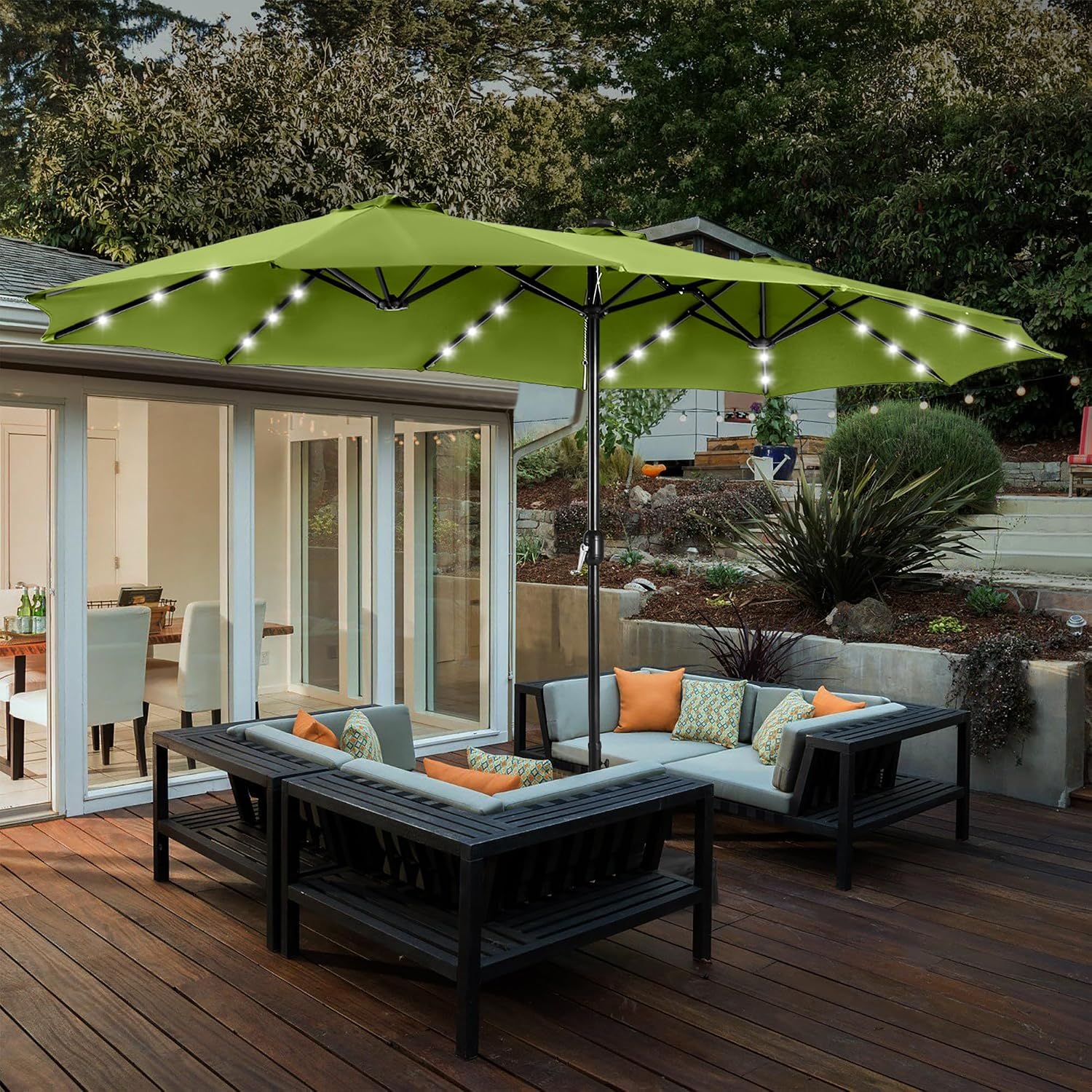 HERA'S PALACE 15ft Patio Umbrella with Base Included Double Sided Outdoor Umbrella for Patio Table Umbrella Outdoor 36 LED Solar Lights for Garden