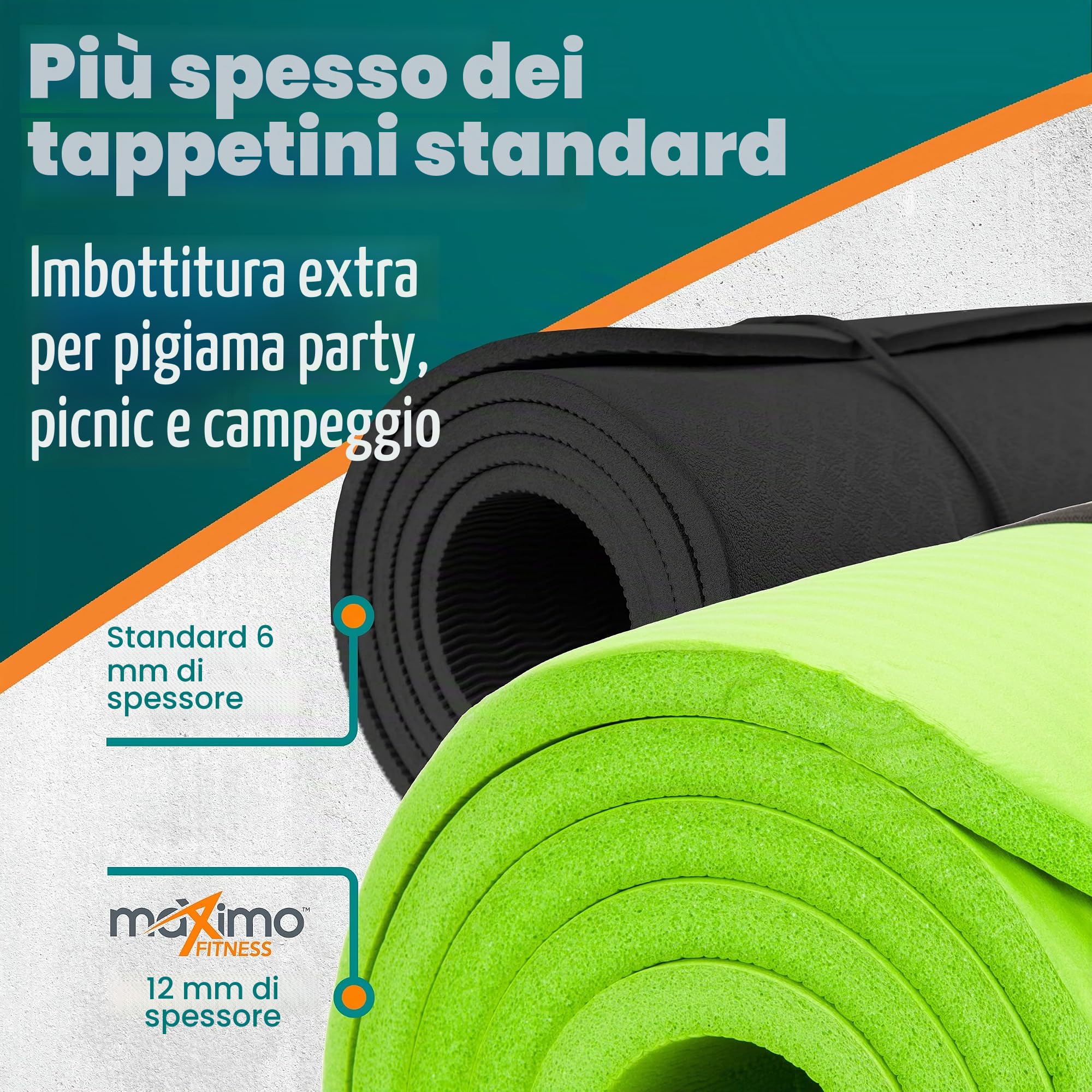 Maximo Fitness Tappetino per Esercizio Fisico Tappetino da Palestra NBR di Alta qualità – Extra Spesso 12 mm, Multiuso – Perfetto per Yoga, Pilates, Addominali.
