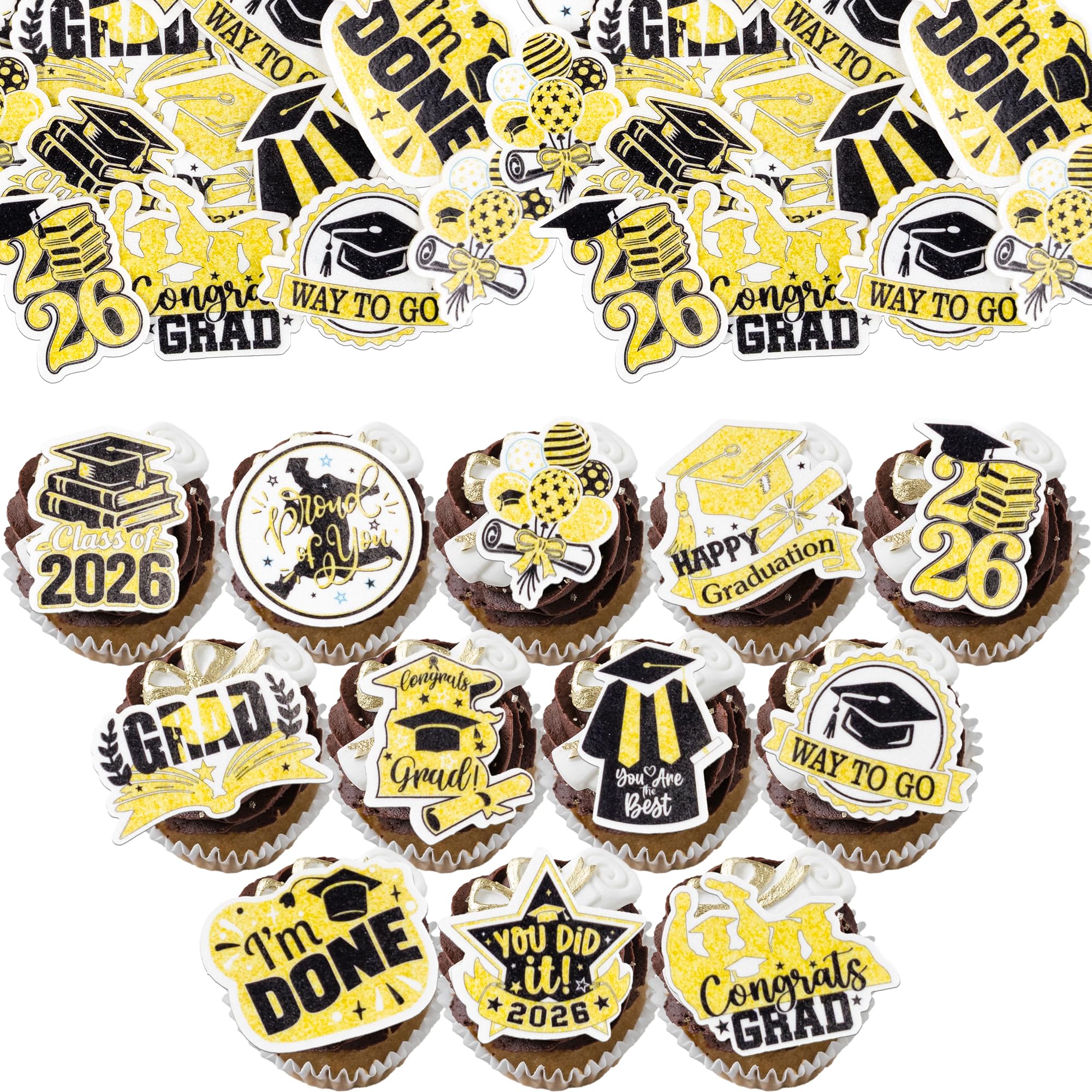 Gyufise 48Pcs Edible Graduation Cap 2026 Cupcake Toppers Wafer Paper Grad Cap Diploma Cake Decoration Picks for 2026 Grad Theme Party Cake Decor Supplies Gold White
