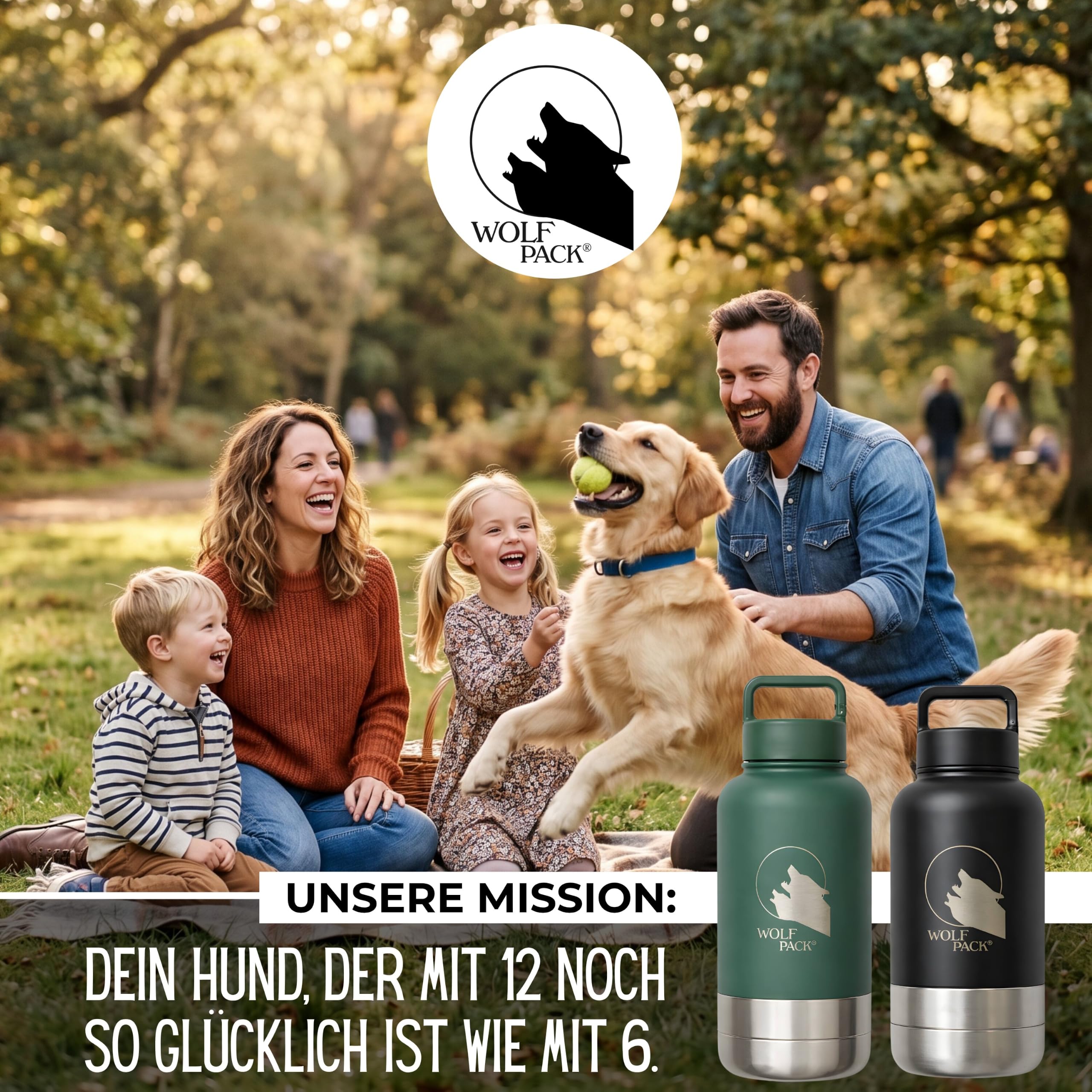 Wolf Pack Hydro Hundetrinkflasche für unterwegs – 1 L 3-in-1 Edelstahl-Trinkflasche mit 2 Hundenäpfen für Wasser und Futter, vakuumisoliert, auslaufsicher, BPA-frei, Karabiner