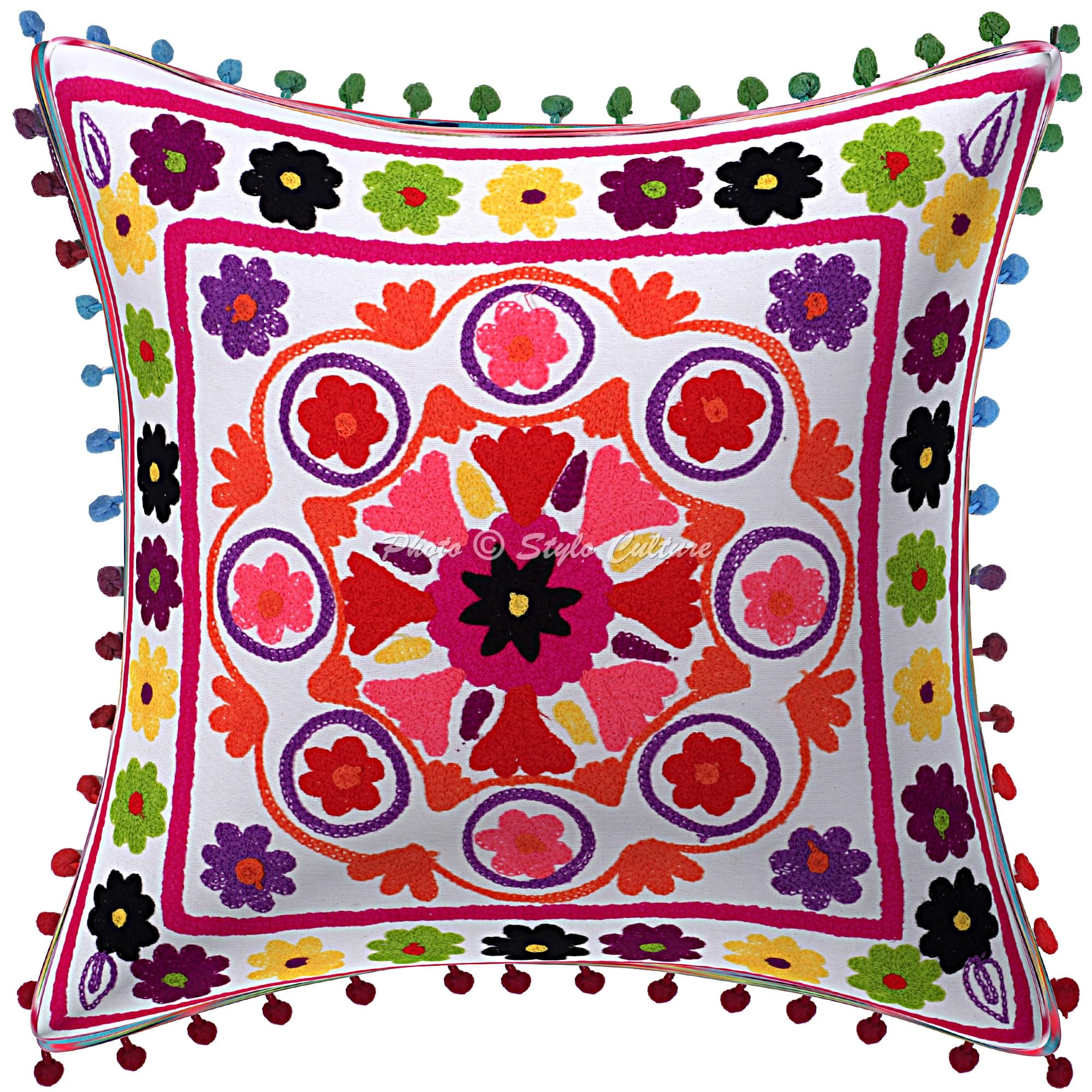 Indische Dekorativ Baumwolle Couch Kissenbezüge 40x40 cm Weiß Dekokissen Suzani Bestickte Pom Pom Spitze Schlafzimmer Sofa Kissen Bezüge Quadrat Blumen Kissenhullen - 4 STK.