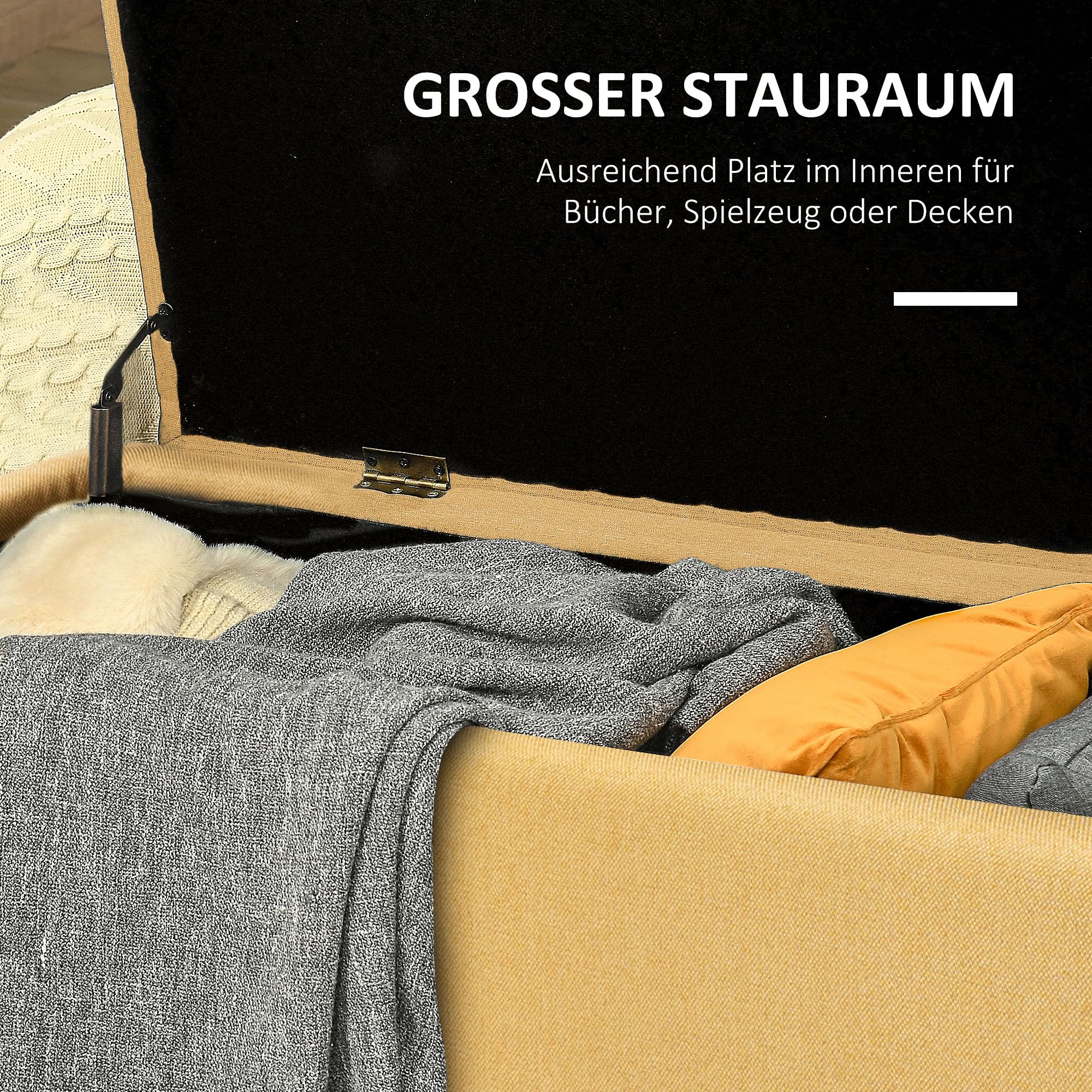 HOMCOM Sitzbank mit Stauraum, Polsterbank mit Leinenoptik, Sitztruhe mit Stahlbeine, Truhenbank für Wohnzimmer, Flur, Schlafzimmer, Bettbank bis 150 kg belastbar, 101 x 38,5 x 44,5 cm, Gelb