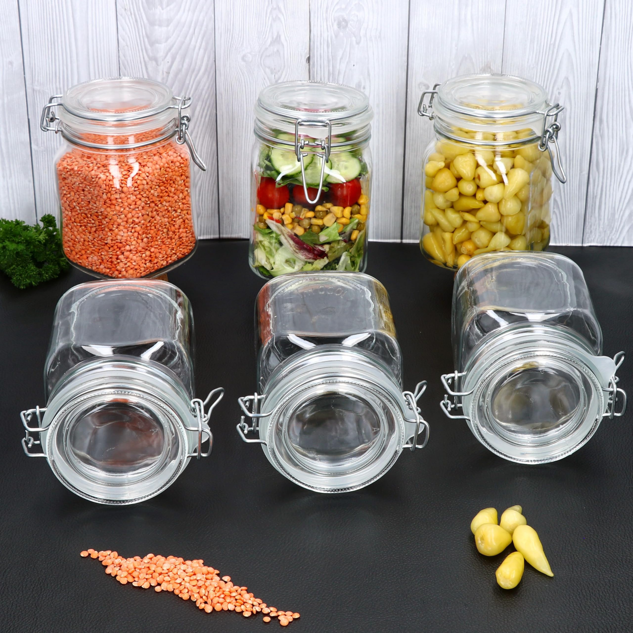 MamboCat Prima Lot de 6 bocaux de conservation hermétiques carrés I 1 l I Bocaux en verre avec fermeture à étrier I Idéal pour la mise en conserve, la fermentation et le stockage