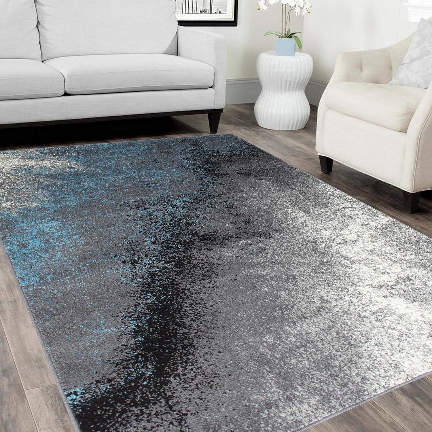 HR - 5’ X 7' Abstract Distressed Color Rugs Modern, Blue Black Gray