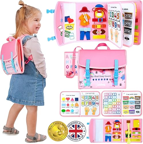 Montessori - Tabla de actividades para niños pequeños de 2 a 4 años, ganadora del premio Mom's Choice, mochila de viaje, habilidades motoras finas,