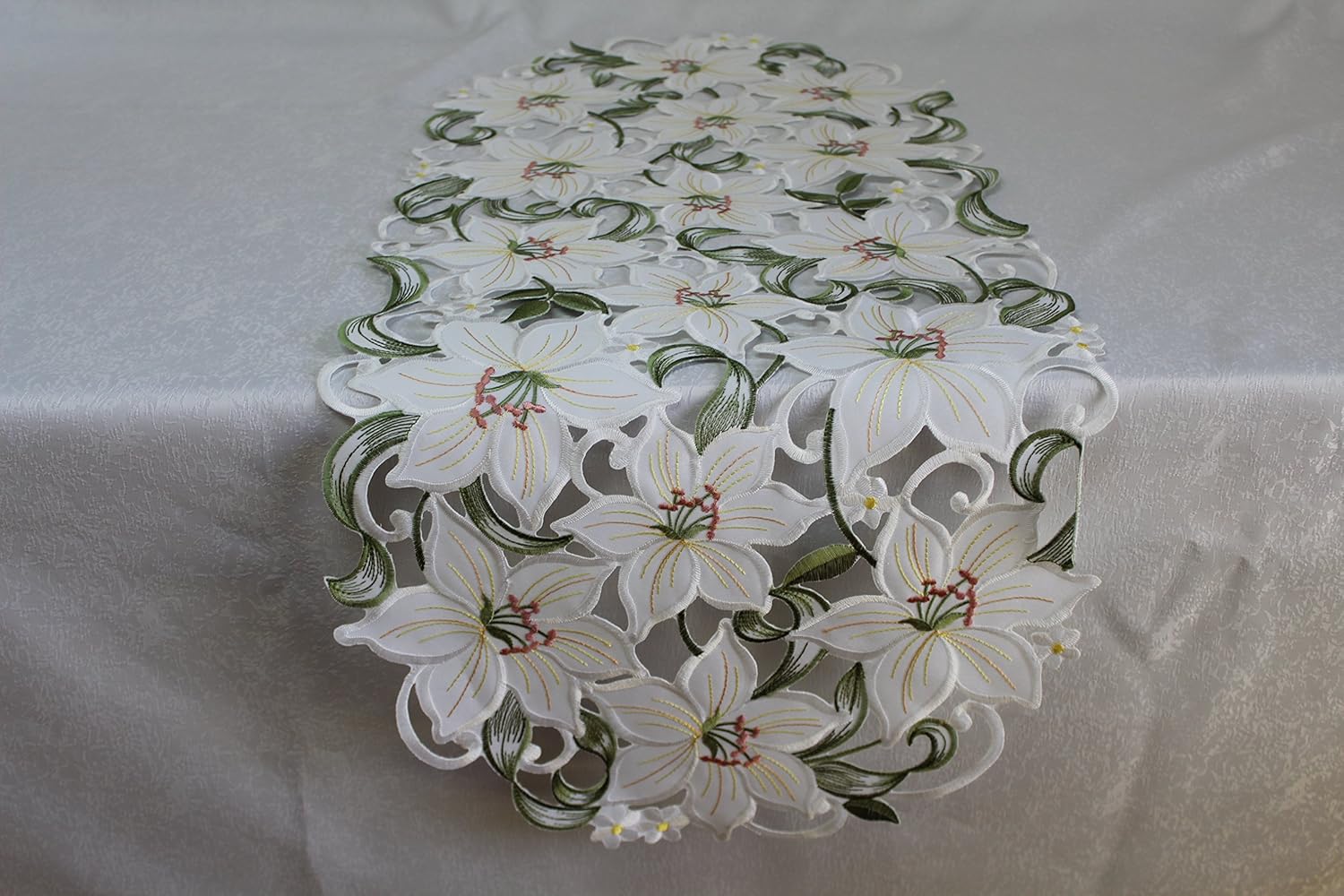 Easter Table Runner with White Lily Flowers, Size 34 x 15 inches