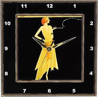 3dRose LLC Art Deco Lady on Black with Gold Frame 10 by 10-Inch Wall Clock