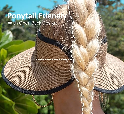 Miniatura 5 de Joywant Sombreros con visera solar para mujer, sombrero de playa plegable de paja para cola de caballo de verano con UPF 50+
