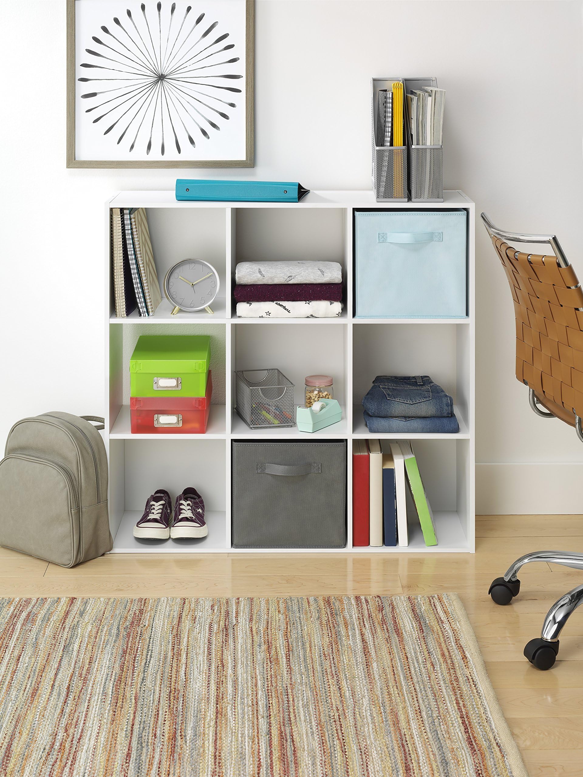 Condition photo showing New/Like New for whitmor 9 cube bookcase, 3 tier stackable mdf bookself, open storage display organizer, storage cabinet for living room, bedroom, home, office, 35.5" l x 11.7" w x 35.5" h, white