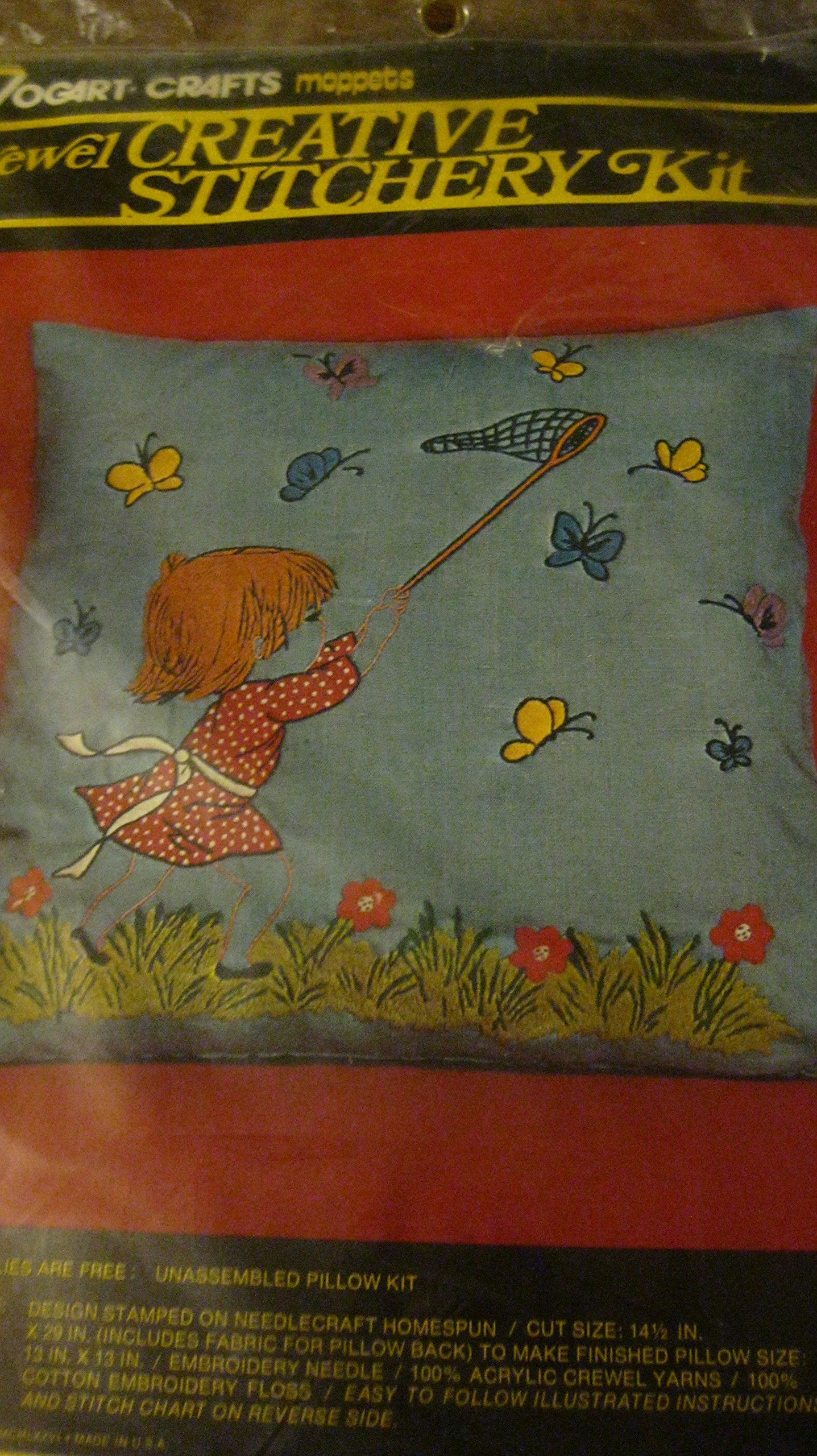 Vintage Crewel Creative Stitchery Moppets Butterflies Are Free Pillow Kit