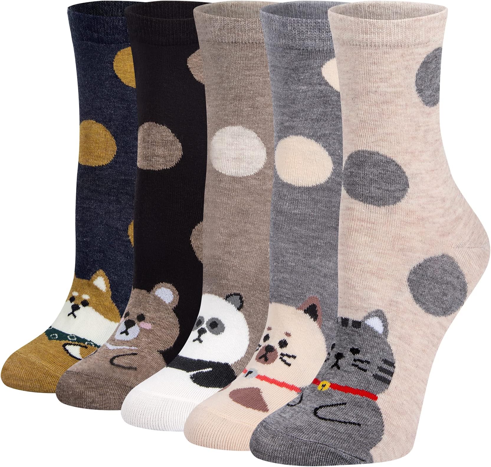 Chalier Cozy5 Pairs Women Socks Funny Cute Animal Ladies Socks Cat Dog Socks Gifts for Women, One Size (Yellow)