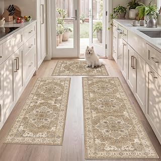 3 Piece Kitchen Rugs Sets with Runner, Washable Non Slip Soft Boho Kitchen Mats, Low Pile Stain Resistant Carpet for Hallway, Laundry Room, Entryway, Home Decor(20"x32"+20"x48"+20"x59", Beige Cream)