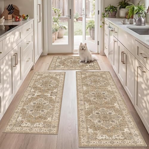 3 Piece Kitchen Rugs Sets with Runner, Washable Non Slip