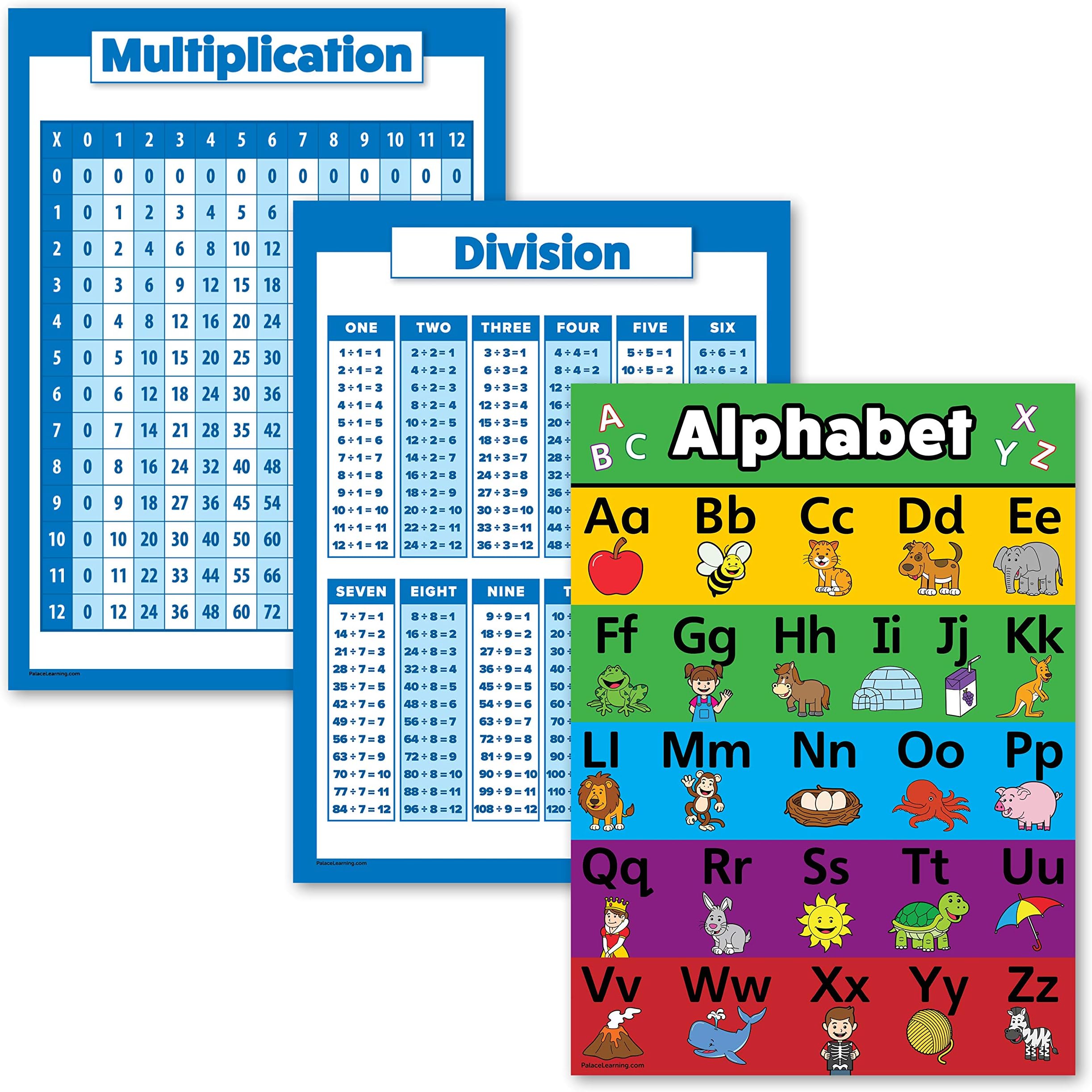 3 Pack - Multiplication Table Poster + Division + ABC Alphabet Chart (Laminated, 18" x 24")