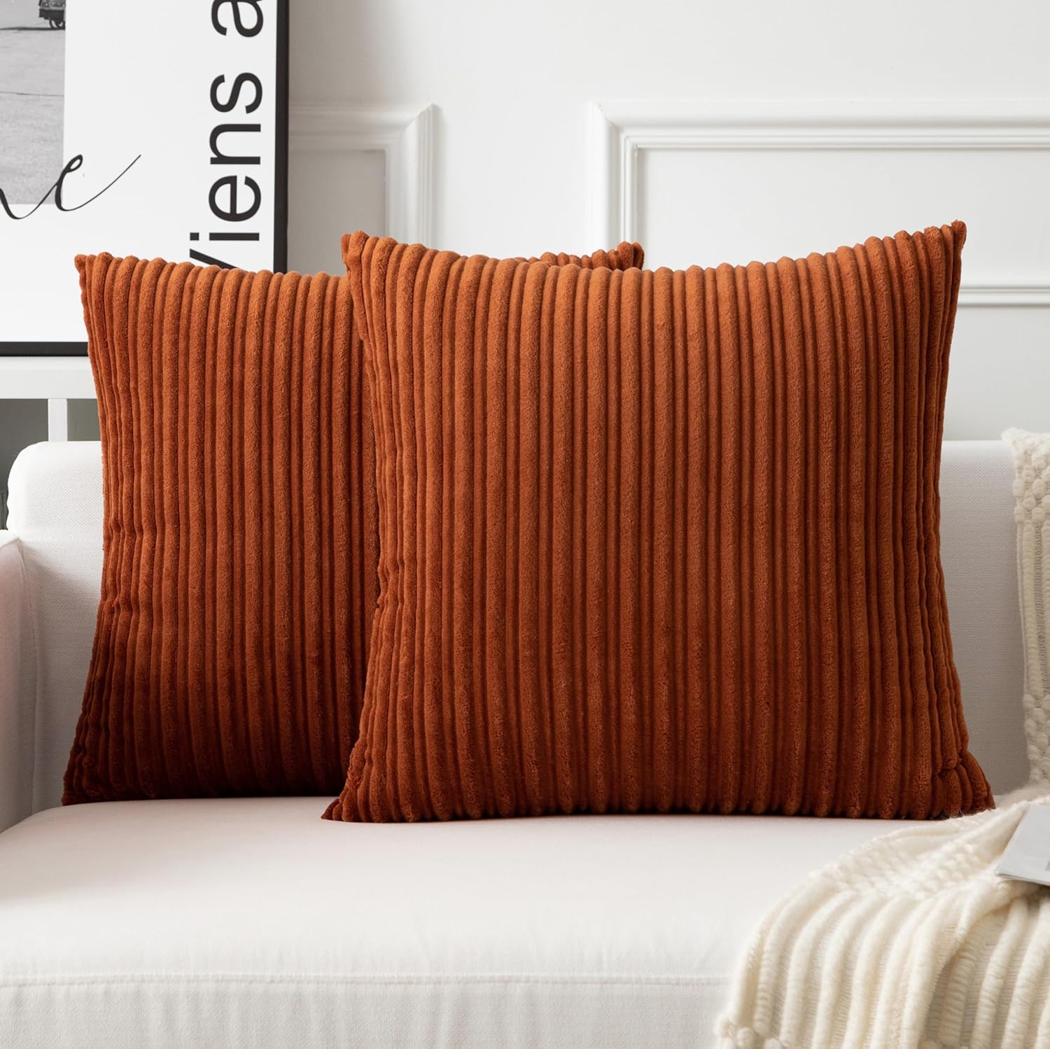 UGASA Fall Velvet 26x26 Inch Soft Throw Pillow Covers Decorative Corduroy Striped Both Sides Solid Square Cushion Cases Boho Farmhouse for Couch Bedroom Sofa Home, Pack of 2, Burnt Orange