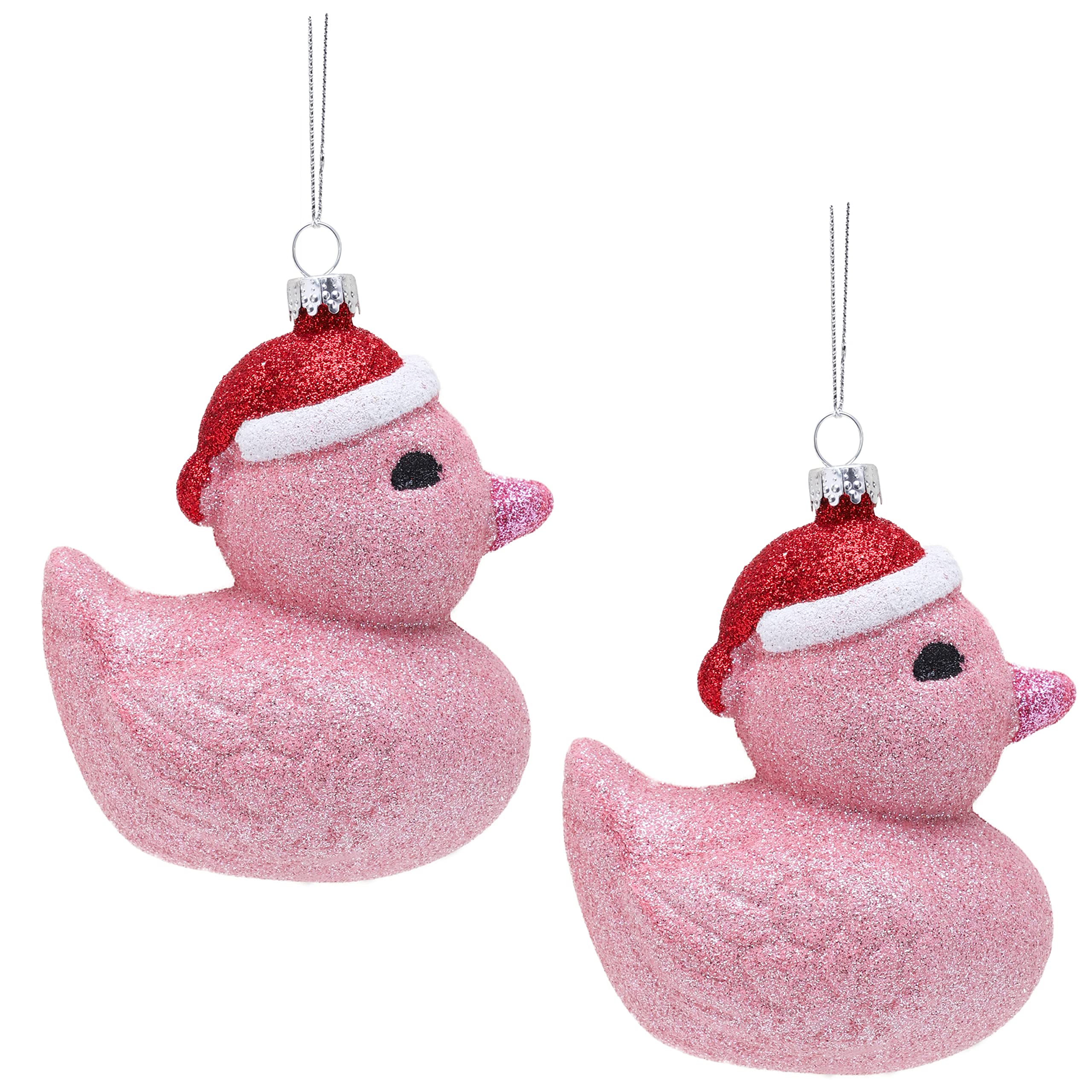 Toyland® Pack of 2 - 12cm Pink Glittery Festive Rubber Ducks Christmas Baubles – Christmas Tree Decorations