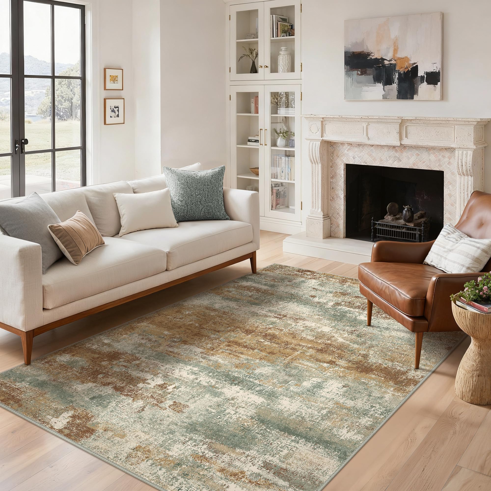 BEIMO Washable Rugs Living Room 120x170cm, Abstract Area Rugs for Bedroom Soft Short Pile, Machine Washable Rug Non-Slip Large Rugs for Living Room, Dining Room, Sunset Yellow & Grey โ image 1