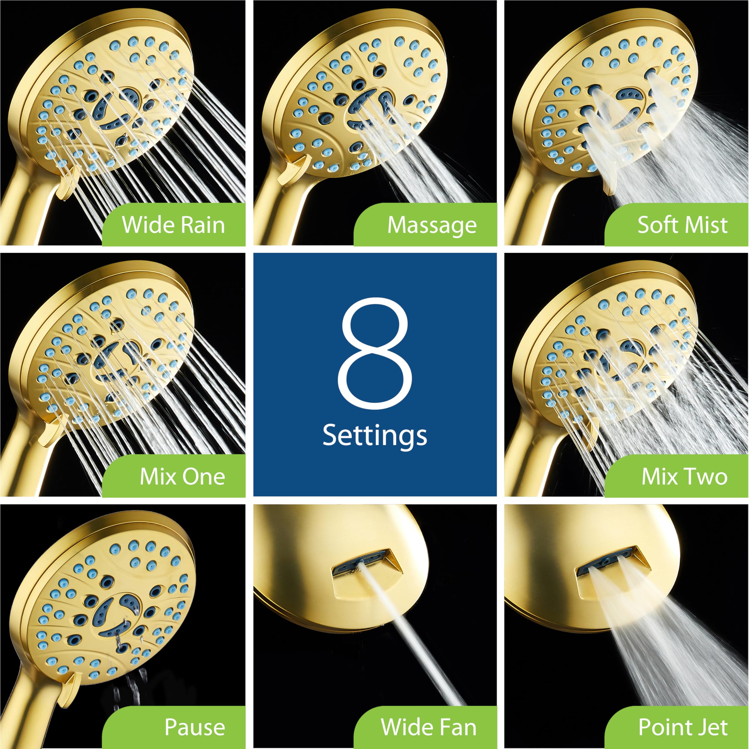 AquaCare - Cabezal de ducha portátil de alta presión con 8 modos, boquillas antiobstrucciones, lavado eléctrico integrado para limpiar bañera, azulejos y mascotas, manguera de acero inoxidable extra