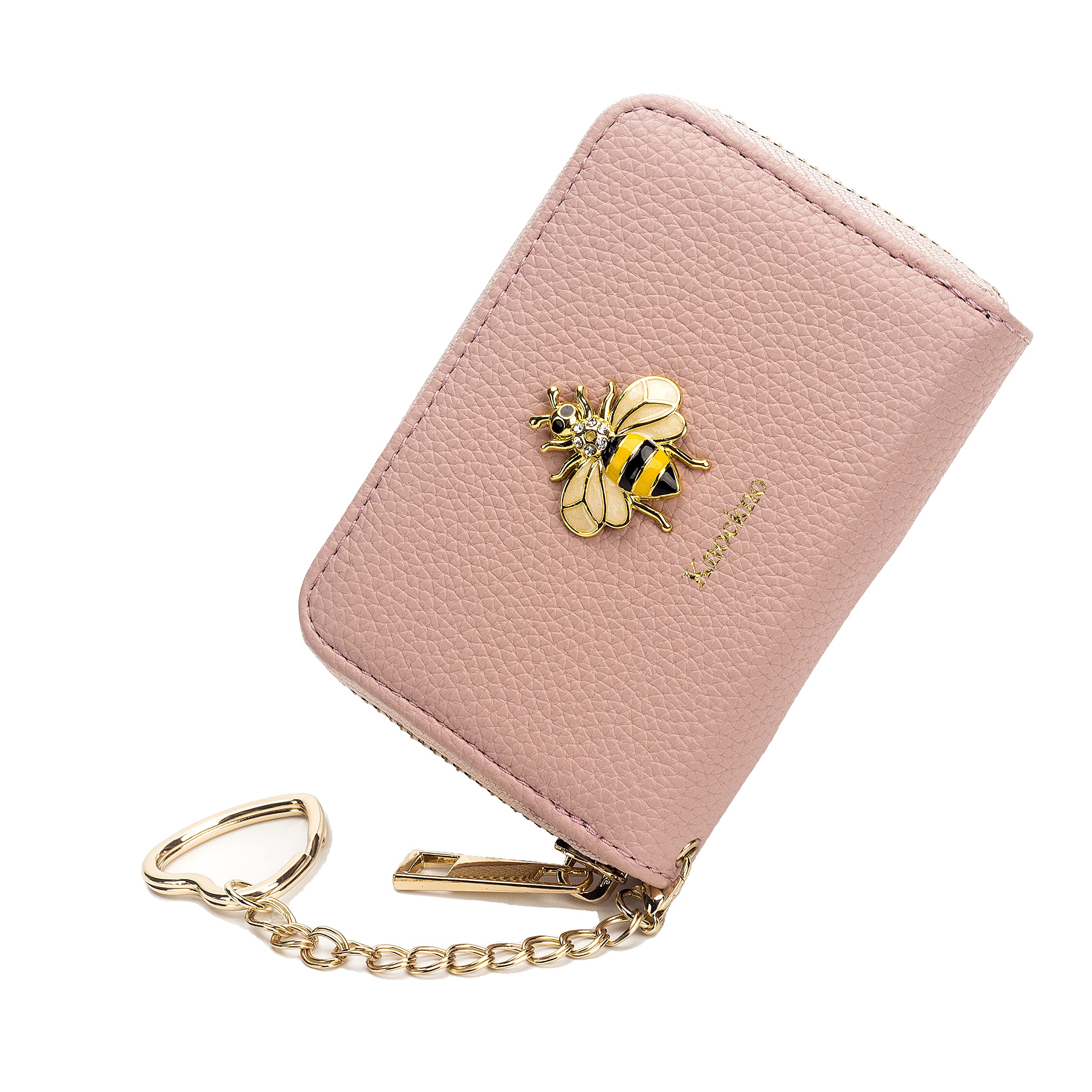 knockno 12 Card Slots Credit Card Holder Leather Zipper Exquisite Gold Bee Card Case for Girls or Women Accordion Wallet with Removable Keychain (Bee,