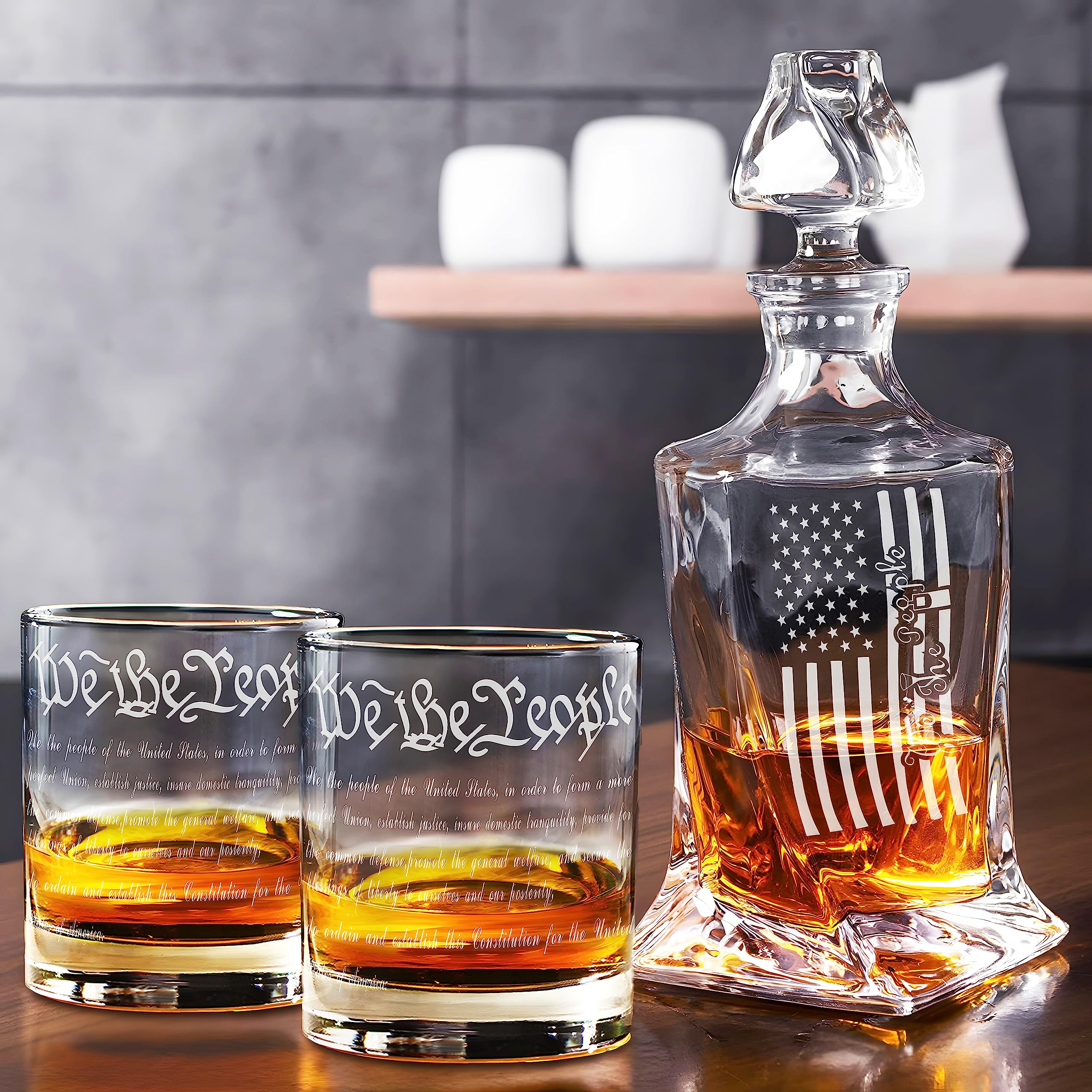 We The People Patriotic Whiskey Decanter Set - USA Flag Design, 750ml Glass With 2 Glasses, Gift Box