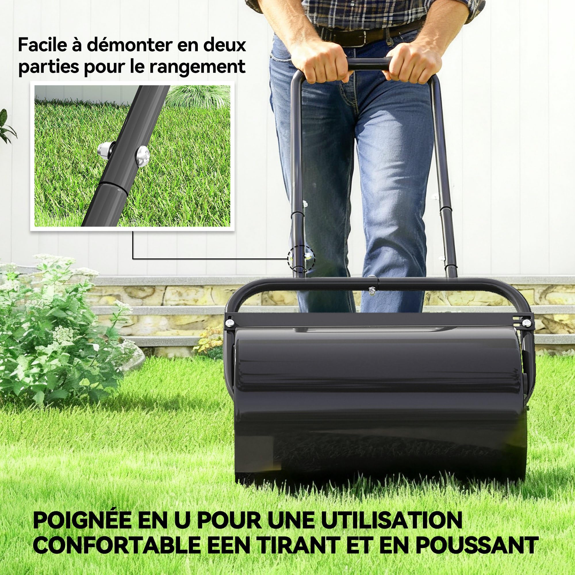 Outsunny Rouleau à Gazon Rouleau de Jardin 50 cm, Remplissage Sable Eau, poignée Ergonomique, Outil de Jardinage pour pelouse, Patio et Parc, Noir