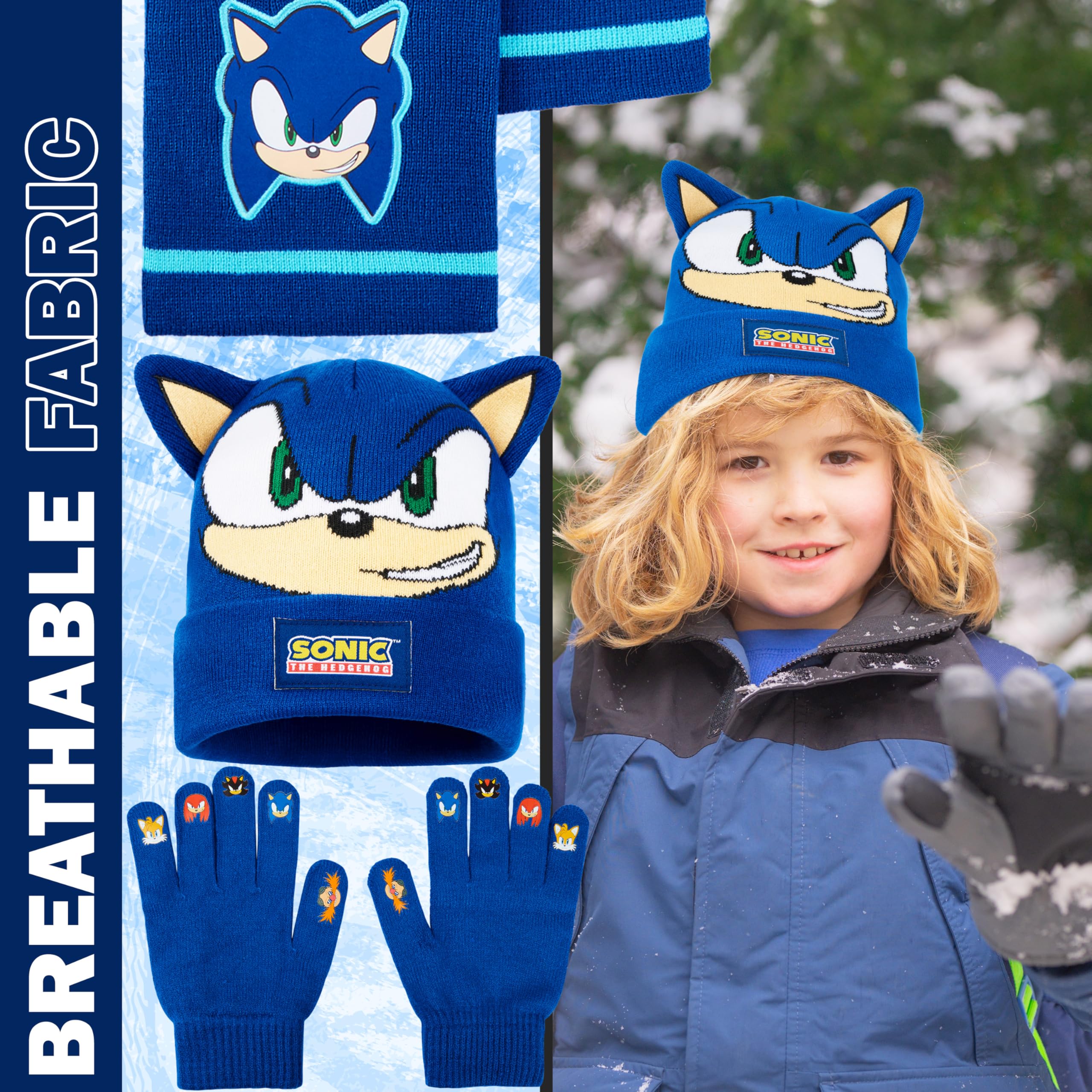 Get Trend SONIC THE HEDGEHOG Conjunto Bufanda Gorro y Guantes Niño, Accesorios de Invierno Cálido para Fans, Regalo para Gamers