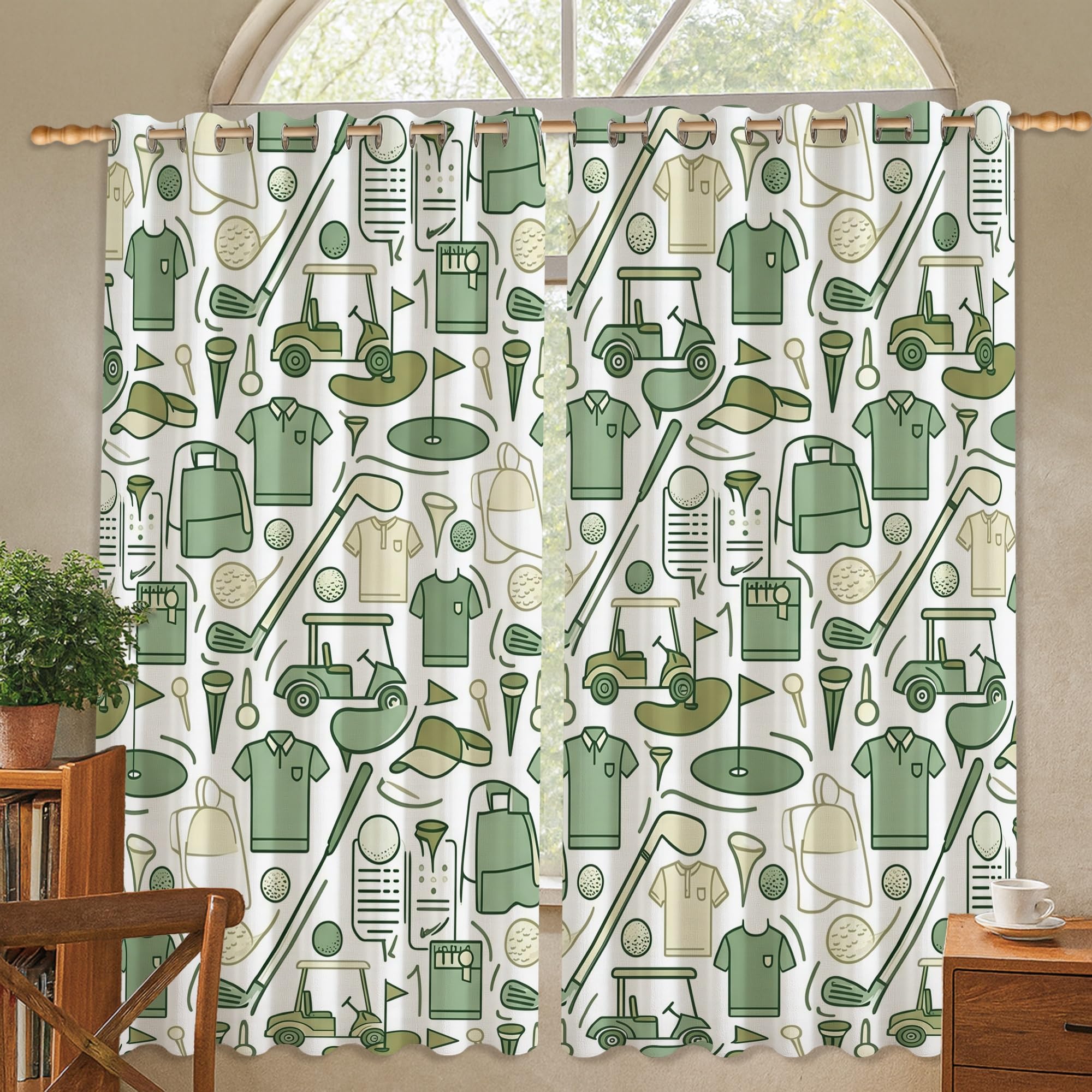 Golf Blackout Curtains, Sporty Casual Shirt Golf Ball Summer Green Wrinkle Free Pattern Printed Window Curtains for Bedroom Kids Room Decor 52x54 Inch